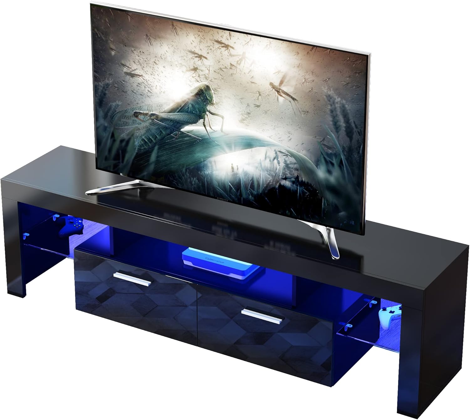 Black TV Stand for 55/60/65/70/75 Inch TV, Modern Entertainment Center for Video Gaming, Led TV Stand with Storage and Shelves for Living Room Bedroom