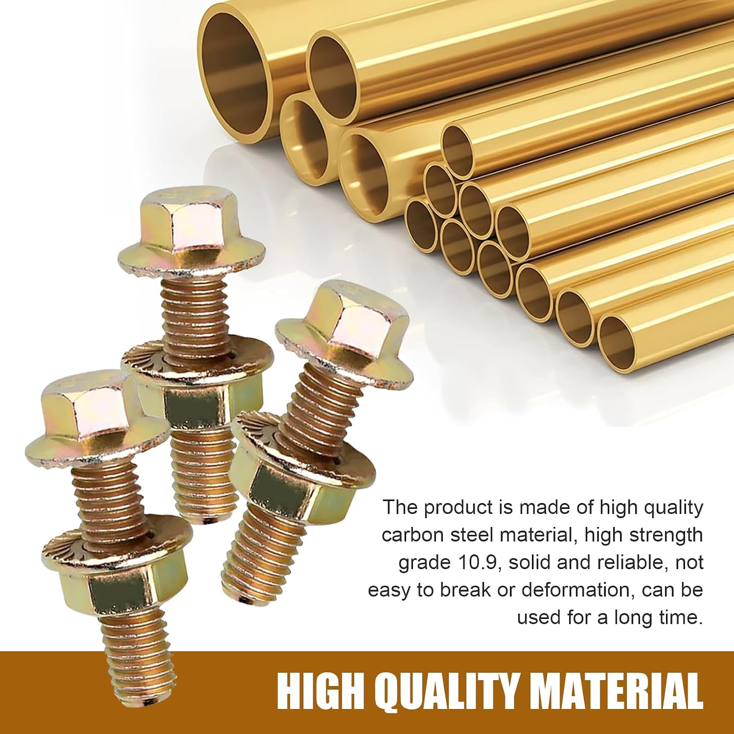 10 PCS M8 x 1.25 Exhaust Manifold Bolts, Non-slip Flange Face Screw and Nut Kit, High Strength Rust-proof Hexagonal Bolts Hardware Set, Universal Retrofit Replacement Part for Cars (Gold)