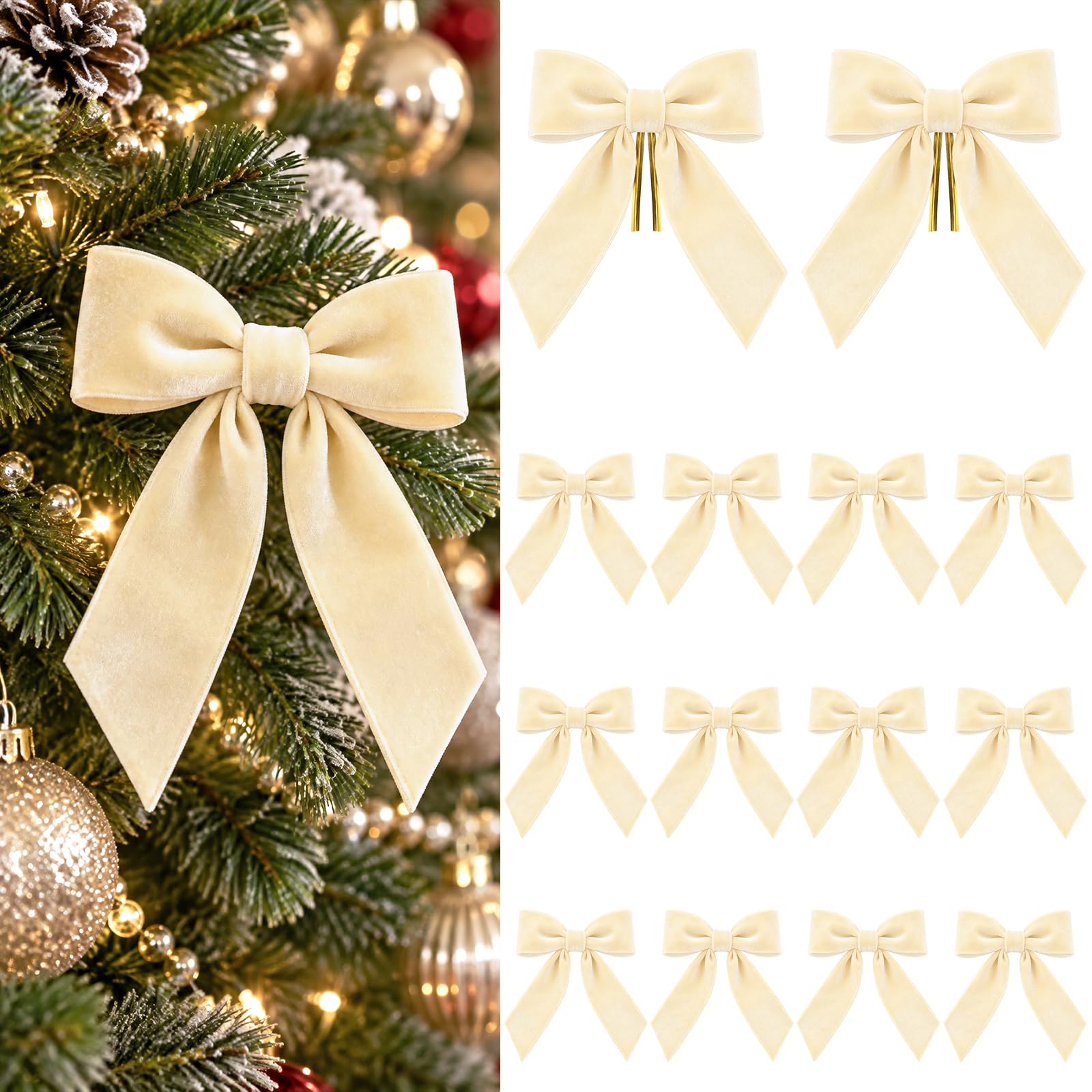 KINGLAKE 24Pcs 3.8cm Beige Velvet Christmas Tree Bows with Twist Ties