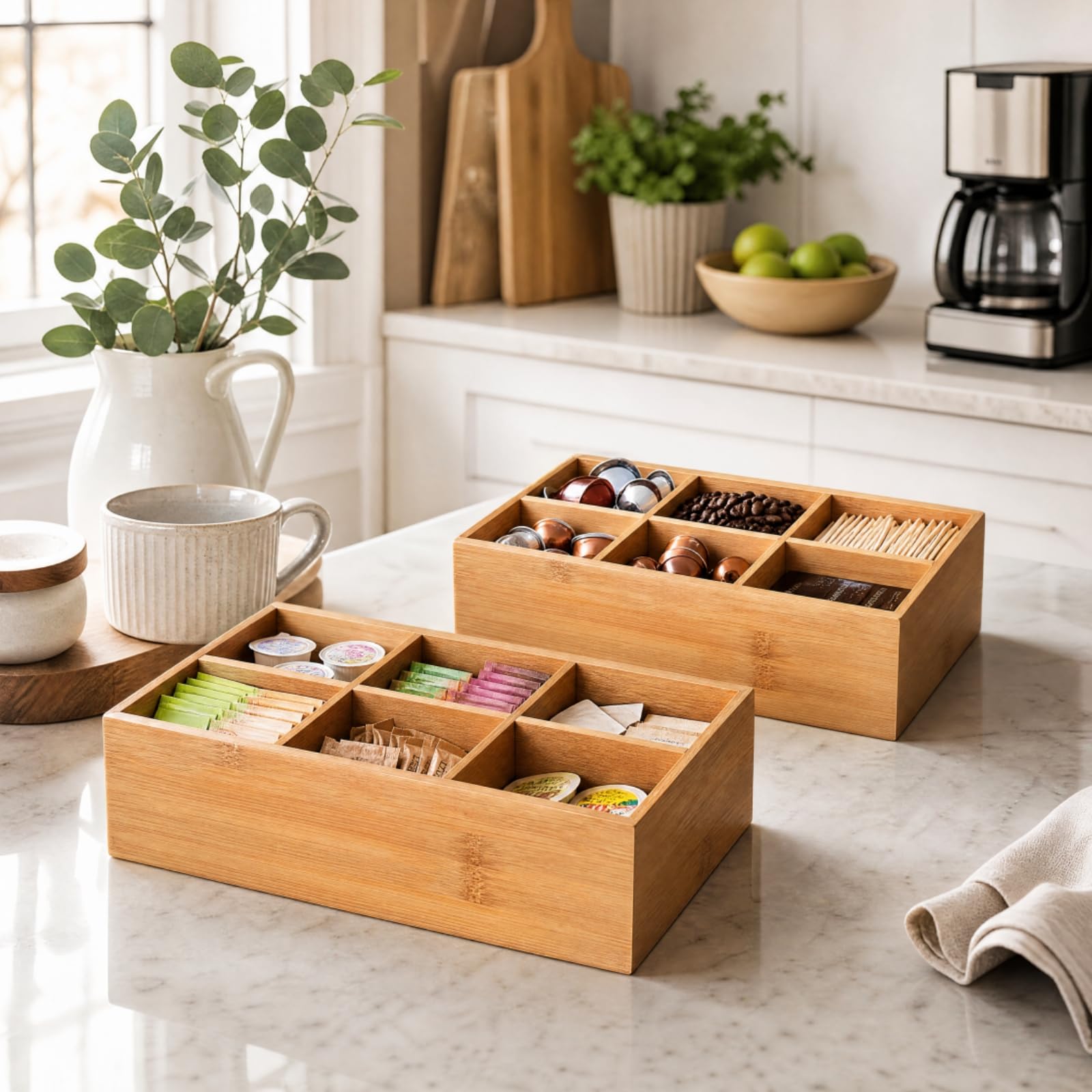 Dicunoy Paquete de 2 cajas de té de bambú, organizador de almacenamiento compacto de madera, 6 secciones divididas cajón organizador para bolsas de té, café, azúcar, edulcorantes y paquetes pequeños
