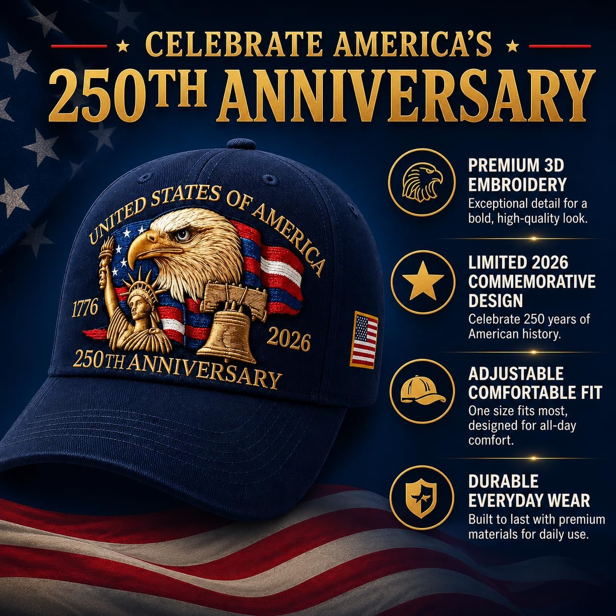 250th Anniversary USA Hat, Adjustable Patriotic Baseball Cap for Men Women, 1776-2026, Exquisite EmbroideryTribute Patriotic Hat, 250 Year American Anniversary Hat for Patriots & Veterans