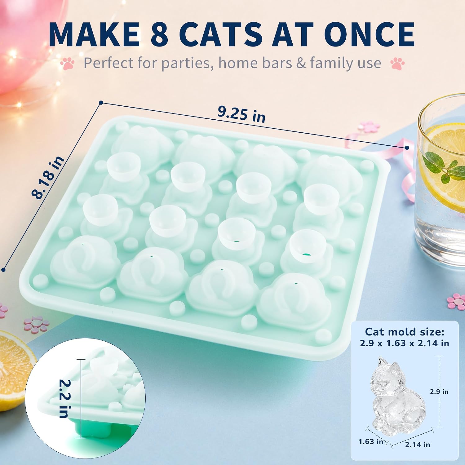 3D Cat Ice Cube Tray with Lid for Whiskey,1Pack Cat Ice Cube Mold Fun Shapes,8Cavity Silicone Ice Cube Tray with Funnel for Whiskey Bourbon,Cocktails,Brandy,Gift for Men