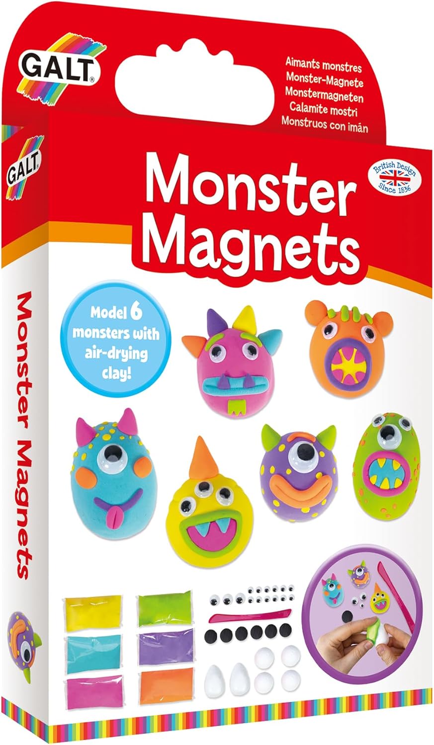Galt Monster Magnets - Air Drying Clay Modelling Craft Kit for Kids -Easy to Use and Mess Free Childrens Arts and Crafts for Boys and Girls -Make 6 Fun and Colourful Fridge Magnets - Ages 6 Years Plus