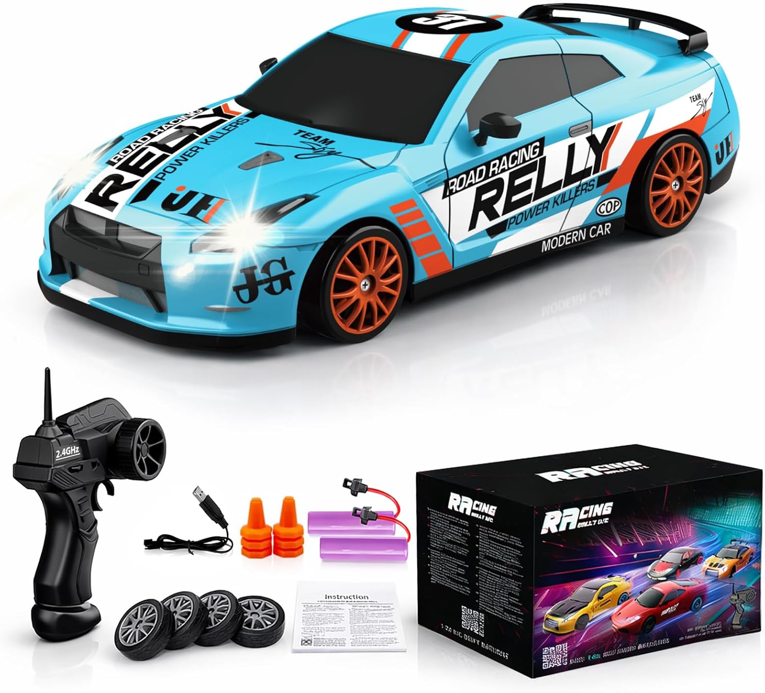 RC Drift Car Remote Control Car 2.4GHz 1:24 Scale 4WD 15KM/H High Speed Model Vehicle LED Lights Drifting Tire Racing Sport Toy for Adult Boys Girls Kids Gift 2Pcs Rechargeable Batterie