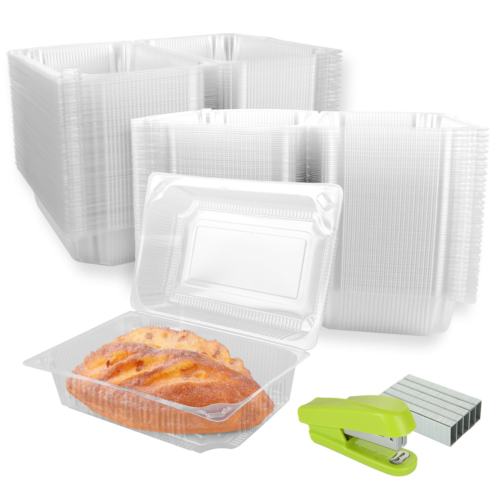 100 Pcs Clear Plastic Hinged Food Containers Disposable 9.3×6.3×3.7 Inch Clamshell Take out Containers with Stapler and Staples Cake Slice Containers for Hamburgers, Cakes, Sandwiches, Pasta, Sala