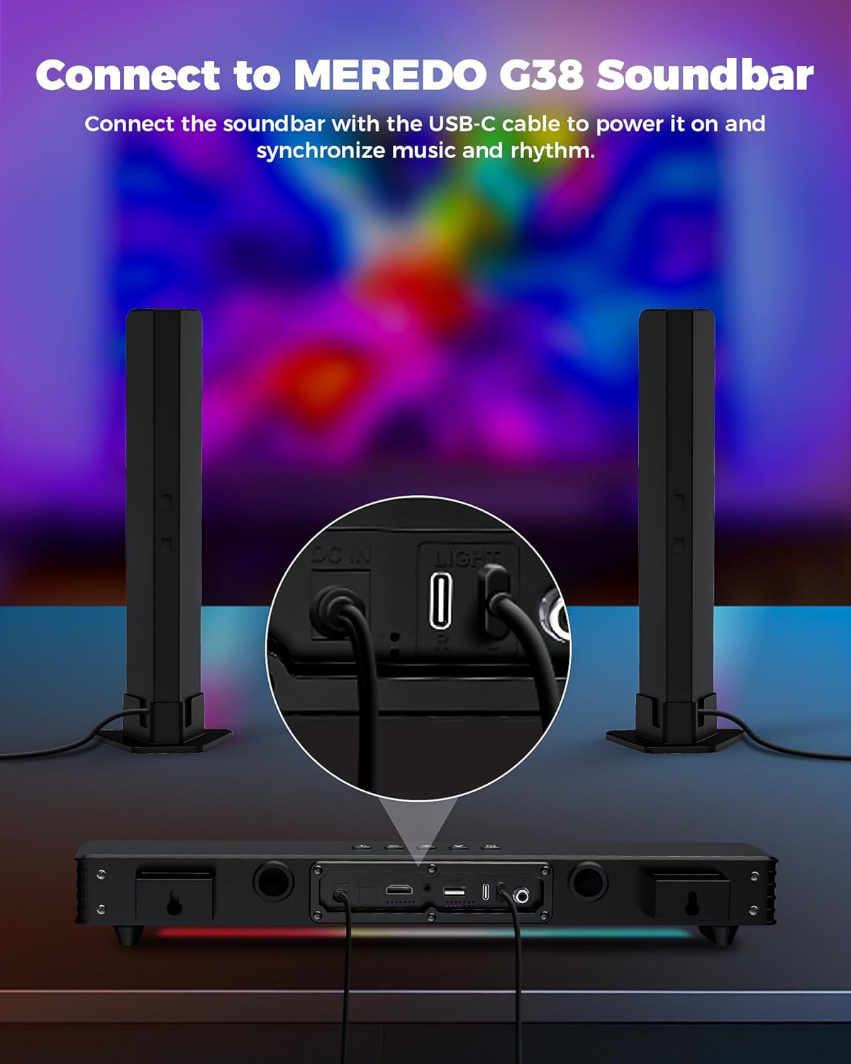 MEREDO Light Bars Specifically Designed for The G38 3.1CH Soundbar, Syncs with Music Rhythm, Multiple Color Options, Versatile Placement (Upright or Wall-Mounted), Perfect for PC Gaming, Home Theater
