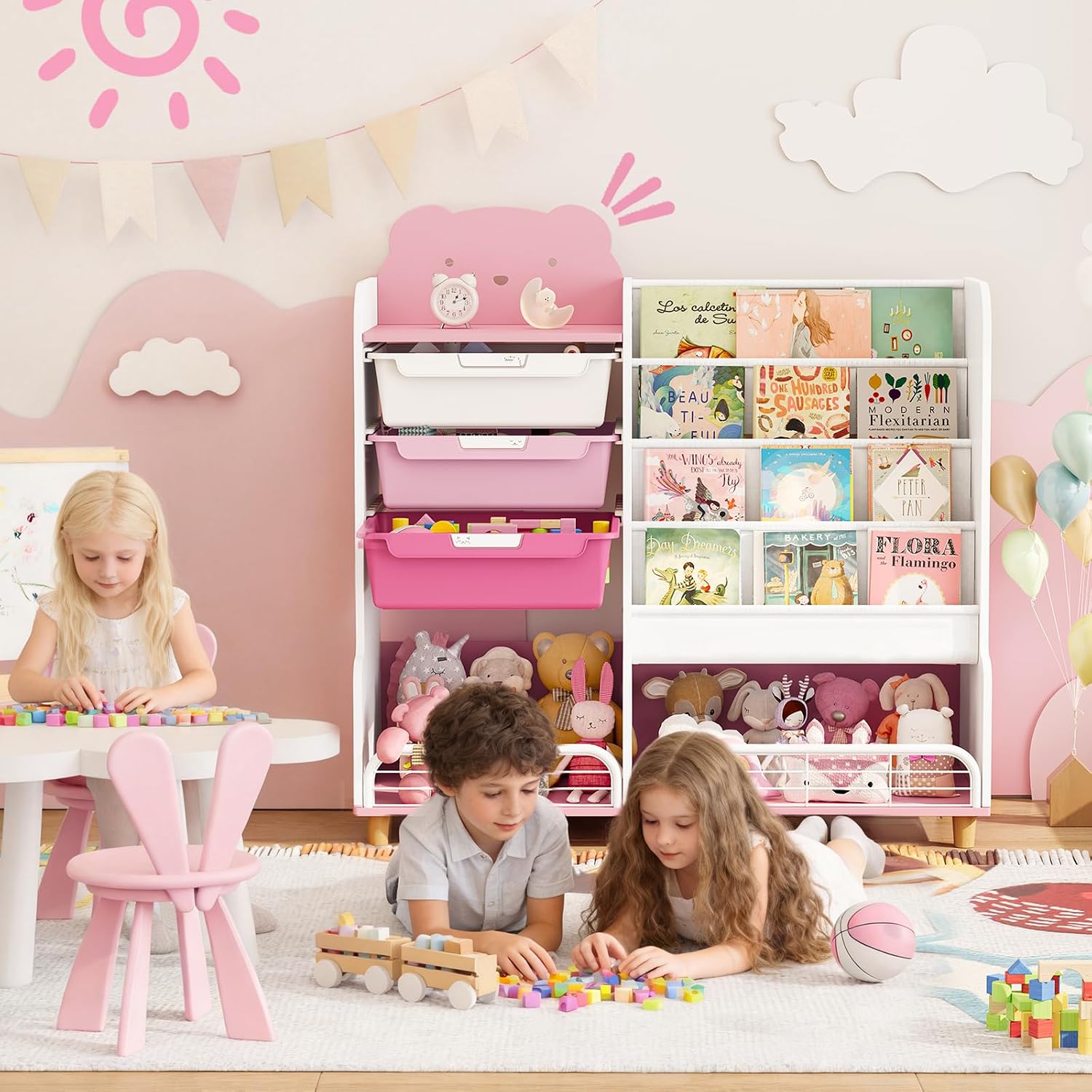 SYKIARIOL 4 -in-1 Kids Bookshelf and Toy Storage Organizer with Shelves,4 Tier Kids Bookcase and Wooden Cabinet with Drawers for Toddler Nursery Kids Rooms Playroom Classroom,Pink