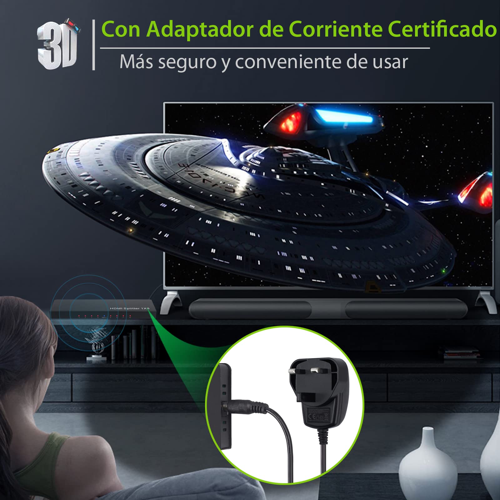 LiNKFOR Splitter HDMI 1 Entrada 8 Salidas - Duplicador y Distribuidor 4K 30Hz Compatible con UHD 1080p 3D HDCP 1.2 - Adaptador de Corriente 5V 1A para Portátil PS3 Roku BLU-Ray HDTV