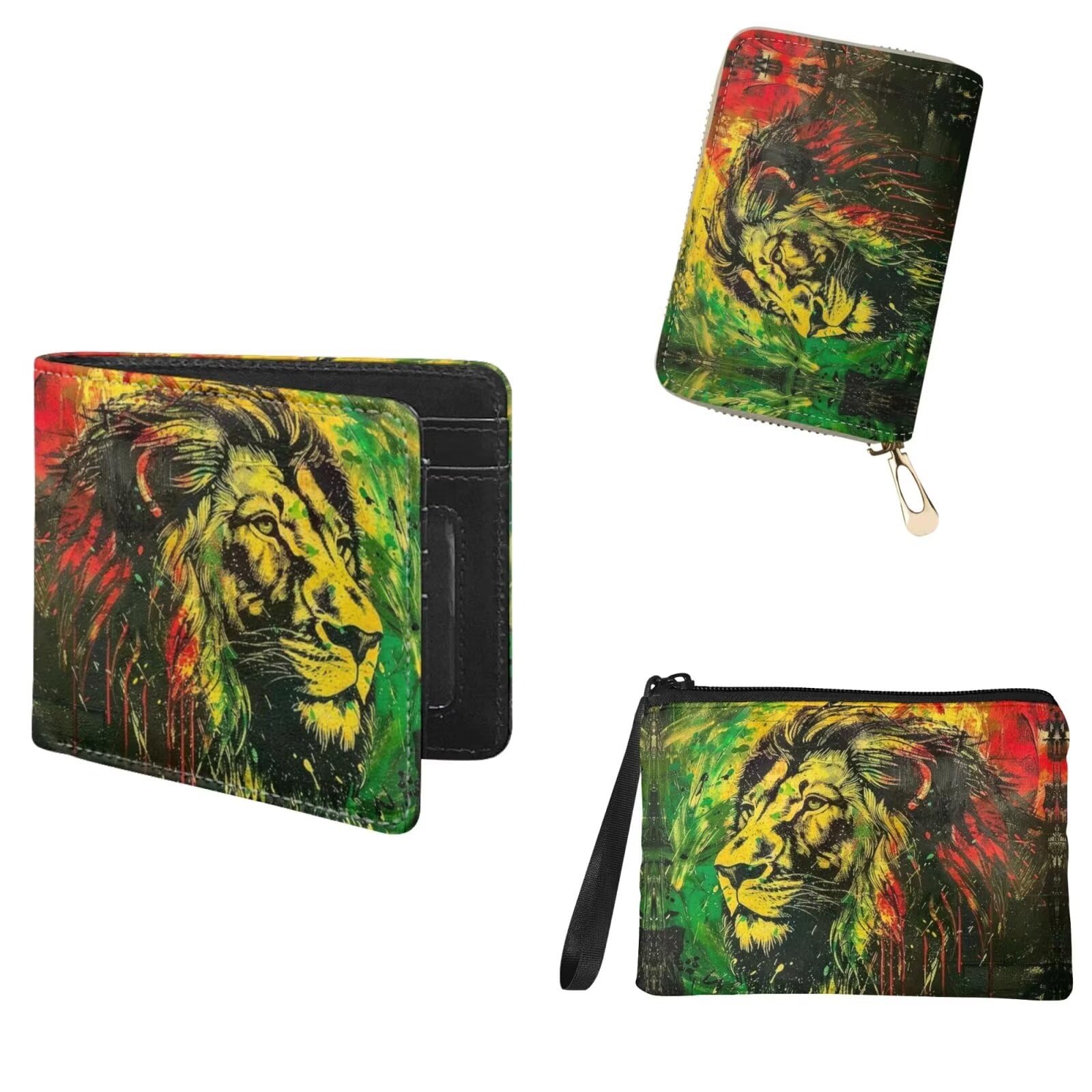 Jamaica Theme Men’s Wallet Card Holder Coin Purse Pack of 3,Rasta Lion Print Slim Wallet for Men,Jamaican Lion Design Man Wallet with Credit Card Holder 4.72'×3.26'×0.98'