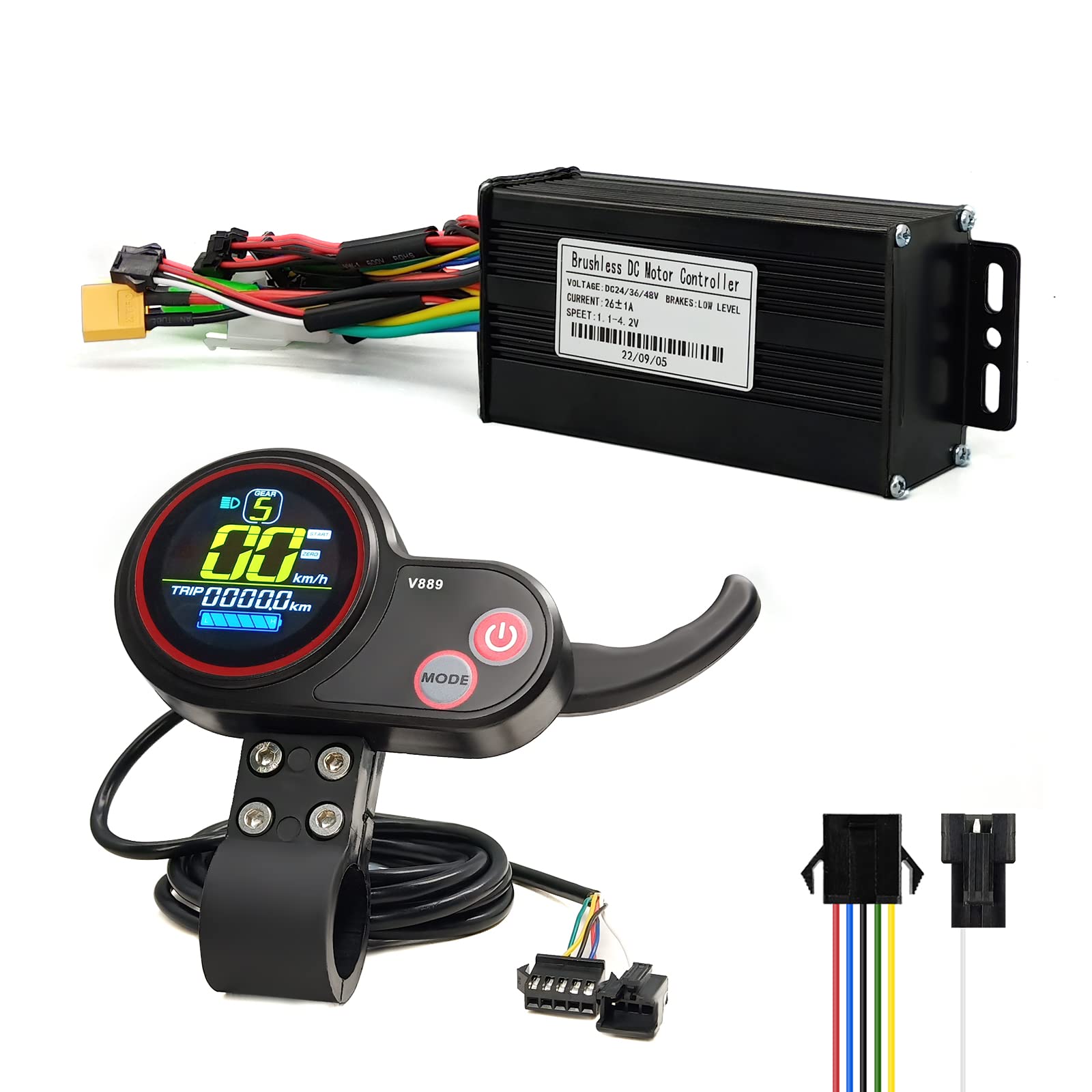 Electric Scooter Ebike 26A/30A Sine Wave Controller with LCD V889 Display for 1000W Hub Motor Electric Bike Accessories