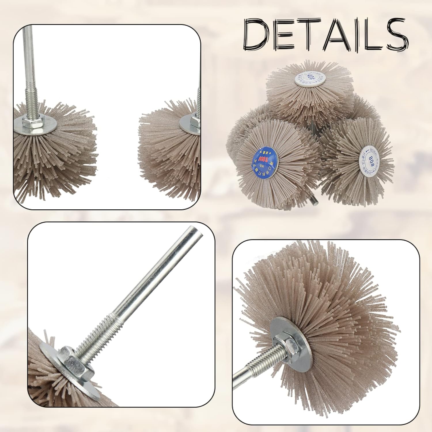 4pcs 80x30x6mm Abrasive Nylon Wheel Brush Woodwork Polish Grinder 80# 240# 400# 600# For Wood Furniture 1/4'' Shank