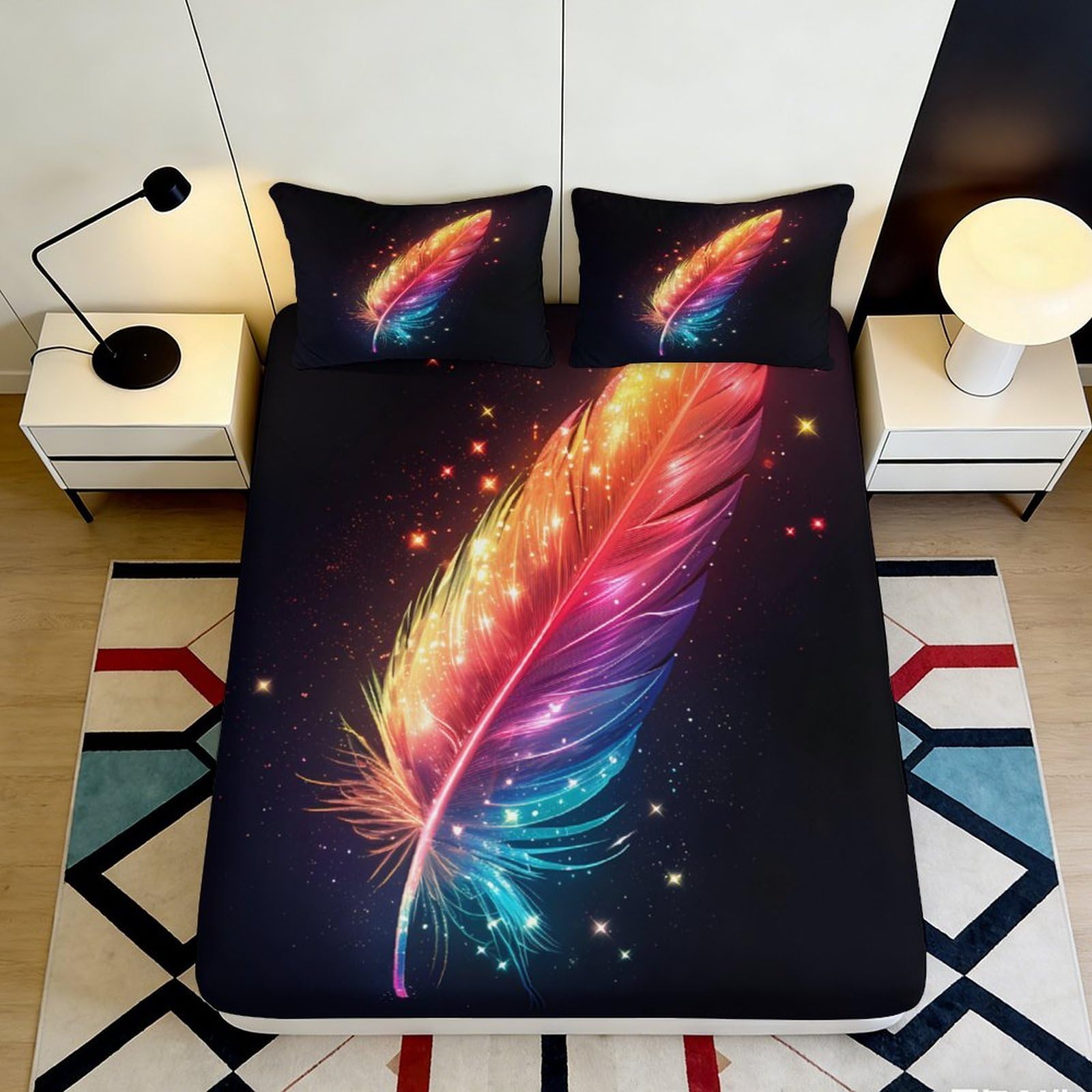 Ctjqhvmx Style-8 3D Printed Rainbow Feather Fitted Sheet Microfiber Deep Pocket Elastic Hem Bedroom Bedding Colourful Feather Mattress Fitted Cover Washable 90X200x25cm 90X200x25cm