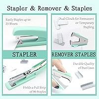 Vista 4 de Suministros de oficina verdes, accesorios de escritorio verde azulado, juego de grapadora y dispensador de cinta para mujeres con grapadora