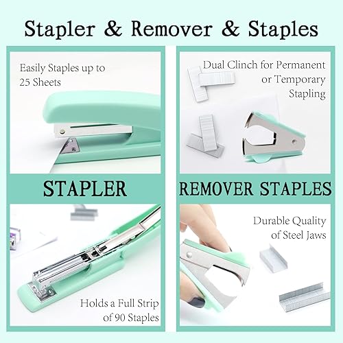 Miniatura 4 de Suministros de oficina verdes, accesorios de escritorio verde azulado, juego de grapadora y dispensador de cinta para mujeres con grapadora,