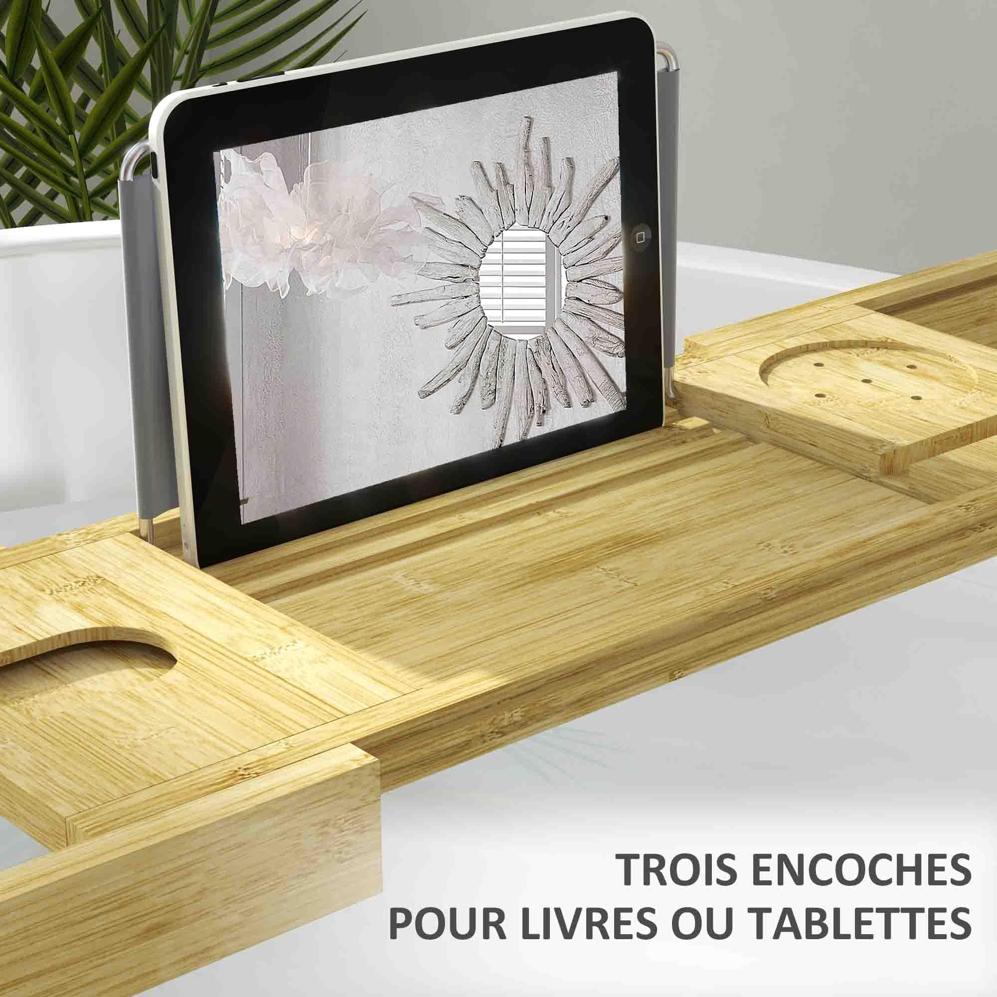 HOMCOM Pont étagère Plateau de Baignoire Extensible en Bambou avec Support gobelet et Porte-Savon, Tablette 75-109 x 23 x 4,5 cm Effet Bois Naturel