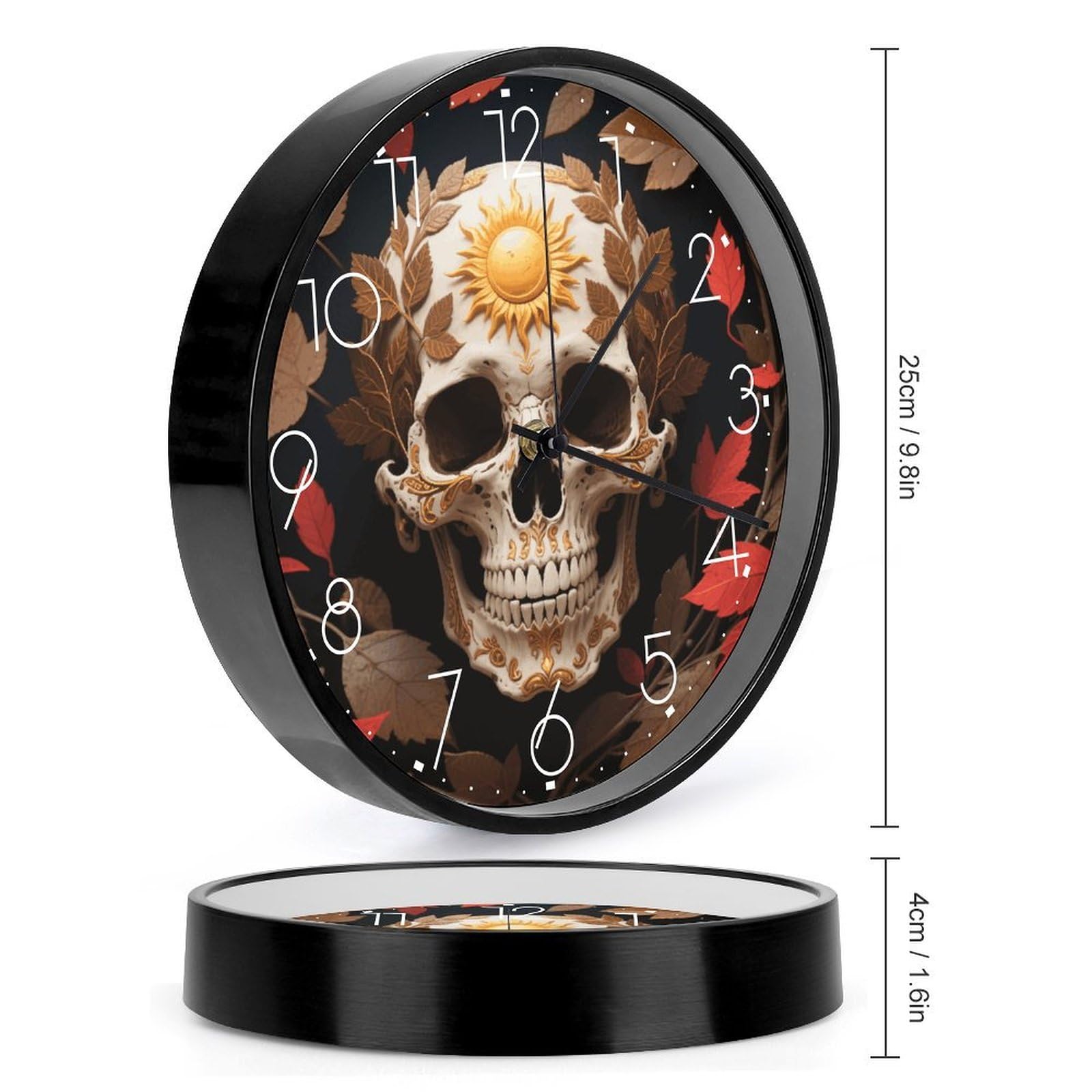 VIDI Horloge murale décorative en forme de crâne de soleil, horloge murale silencieuse à piles, 25,4 cm, horloge analogique moderne sans tic-tac, décoration pour cuisine, bureau, salle de bain