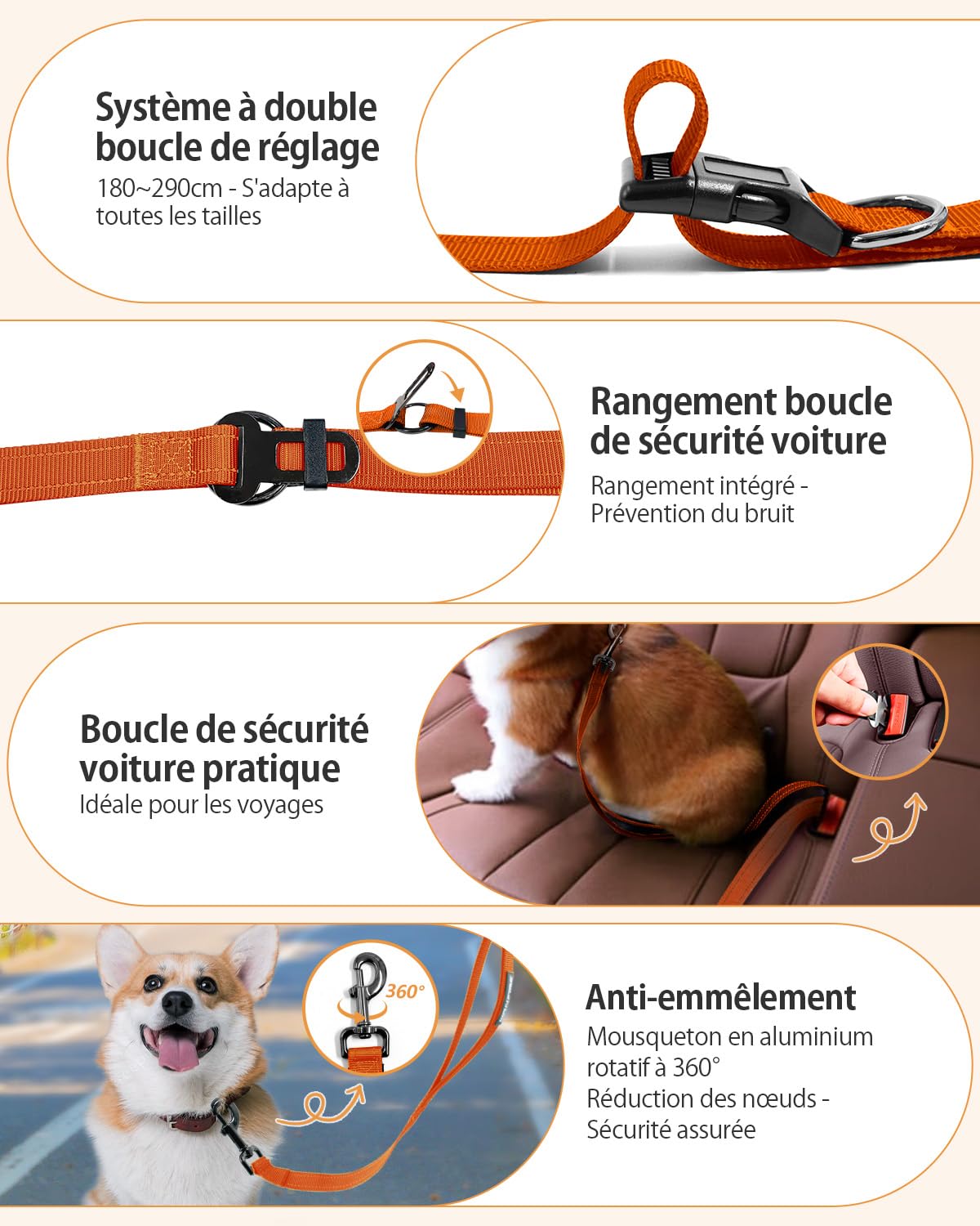 Harnais de Marche Main Libre pour Chien - Laisse Multifonctionnelle Renforcée 2.9m Réglable, Boucle de Sécurité Voiture (Orange)