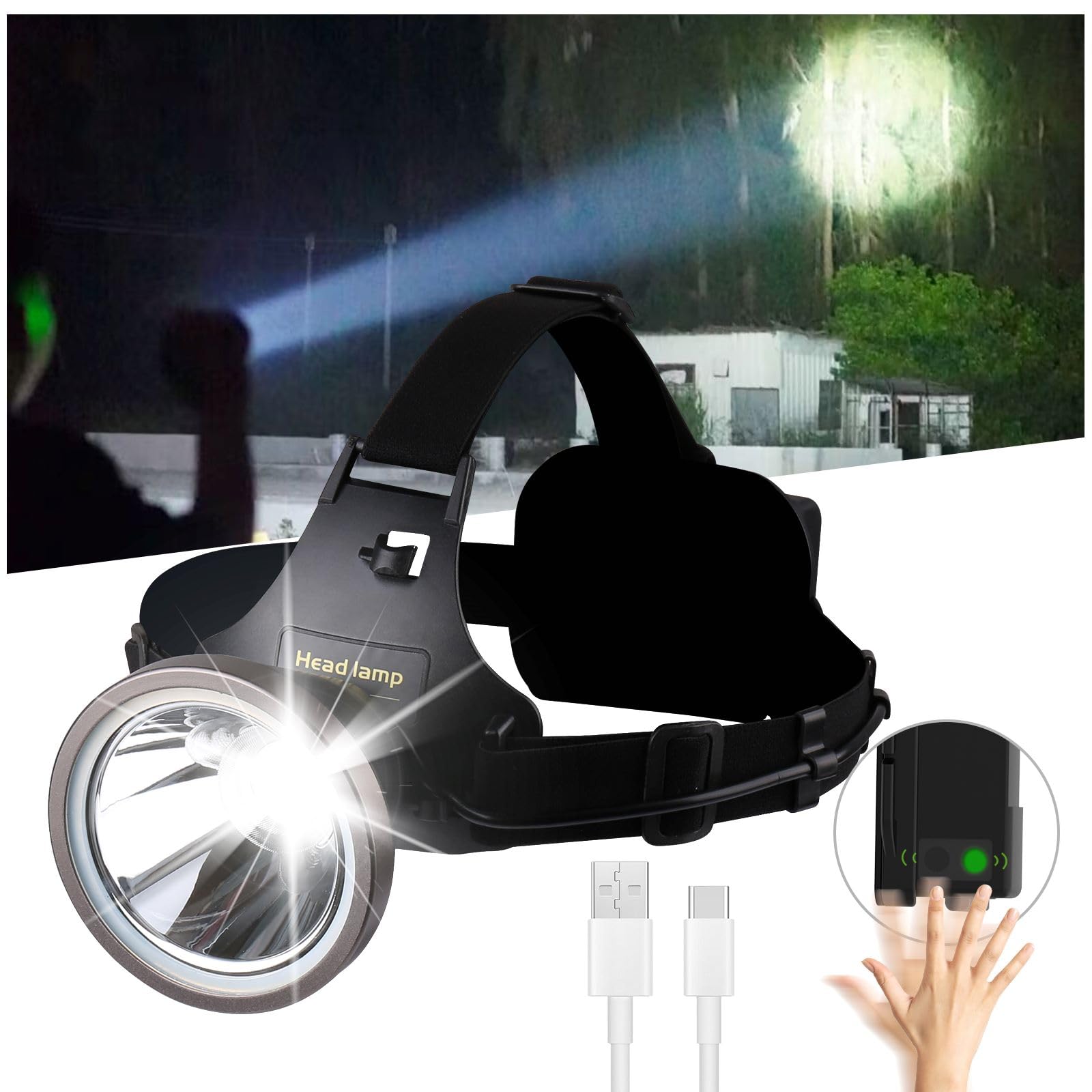 Amkulop Led Bright Headlamp USB C Rechargeable Head Lamp with Battery Powered for Adult- Adjustable Motion Sensor Headlamps Flashlight Waterproof Searchlight for Hunting,Fishing