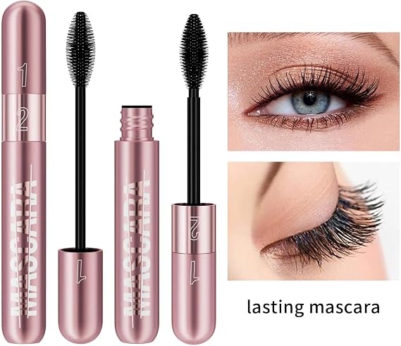 2-in-1 Volumizing & Lengthening Mascara - 5X Longer, Waterproof, Smudge-Proof, Long-Lasting 4D Silk Fiber Mascara for Dramatic False Lash Effect