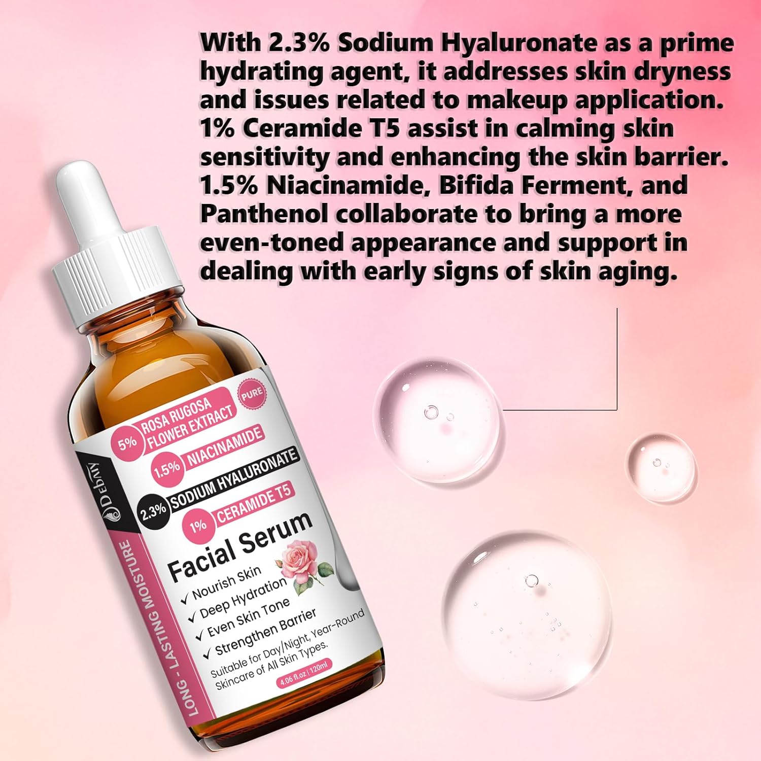 Rose 2.3% Hyaluronic Acid Facial Serum - Nourish Skin, 120ml/4.06fl.oz