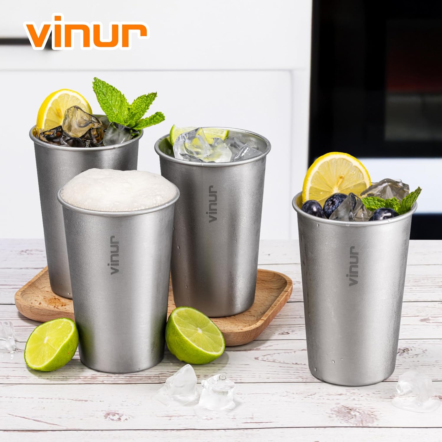 VINUR 8 Pack Stainless Steel Cups 16 oz Pint Tumbler Cup Stackable Metal Drinking Glasses for Travel, Camping, Outdoors - Image 2