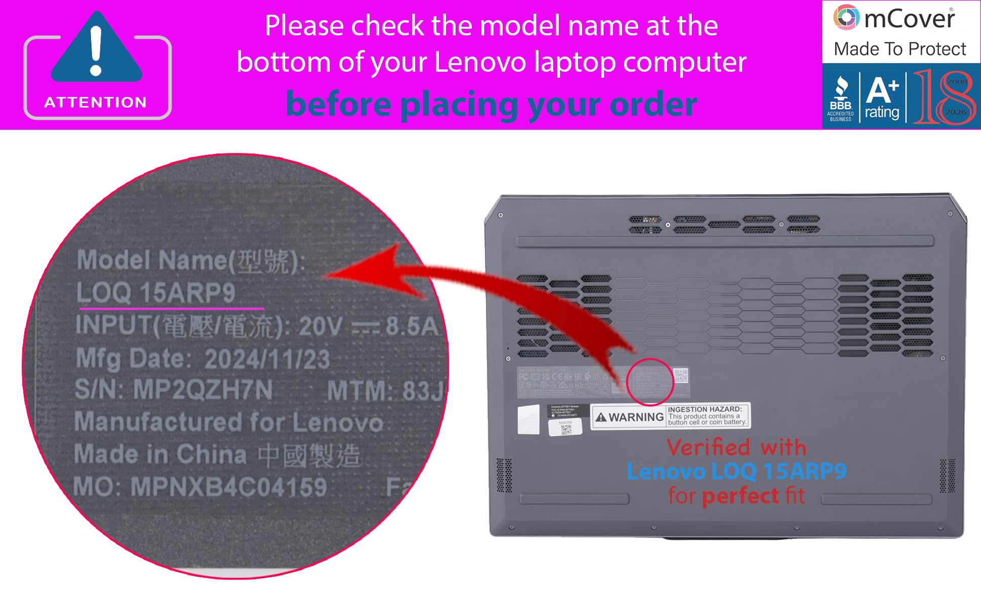 mCover Funda solo compatible con computadoras Lenovo LOQ 15IAX9 15ARP9 15IRX9 15IRX9 15AHP9 15AHP9 15IRX10 15AHP10 Series Windows (no para otros modelos Lenovo), color negro