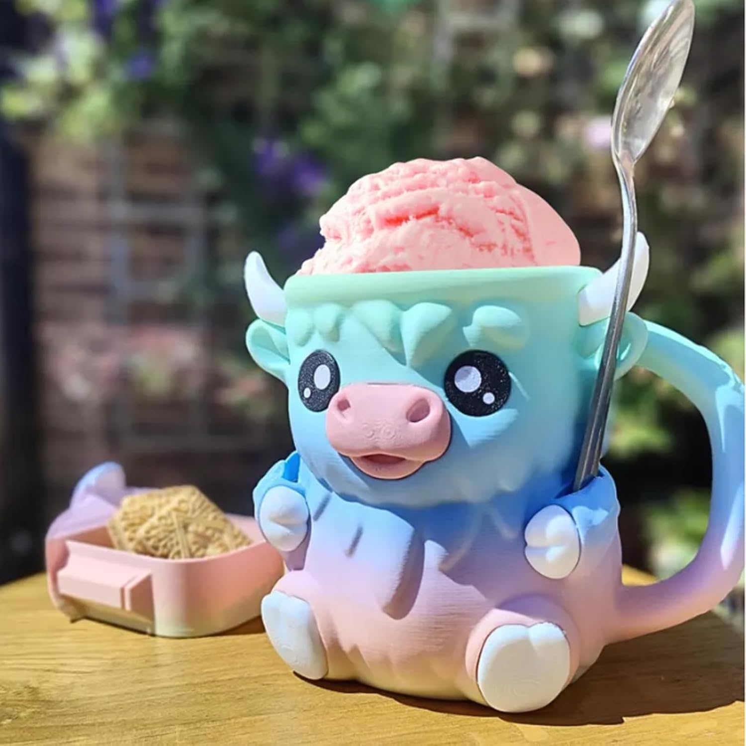 Highland Cow Ice Pint Holder,Niedlicher kuh Eiscreme-Pint-Halter,Anti-Freeze Hände Eisbecher Mit Löffel Schlitz,Geheimer Snackschublade,Wiederverwendbarer Eiscreme,Geschenk (Farbverlauf mit Löffeln) Küche, Haushalt & Wohnen
