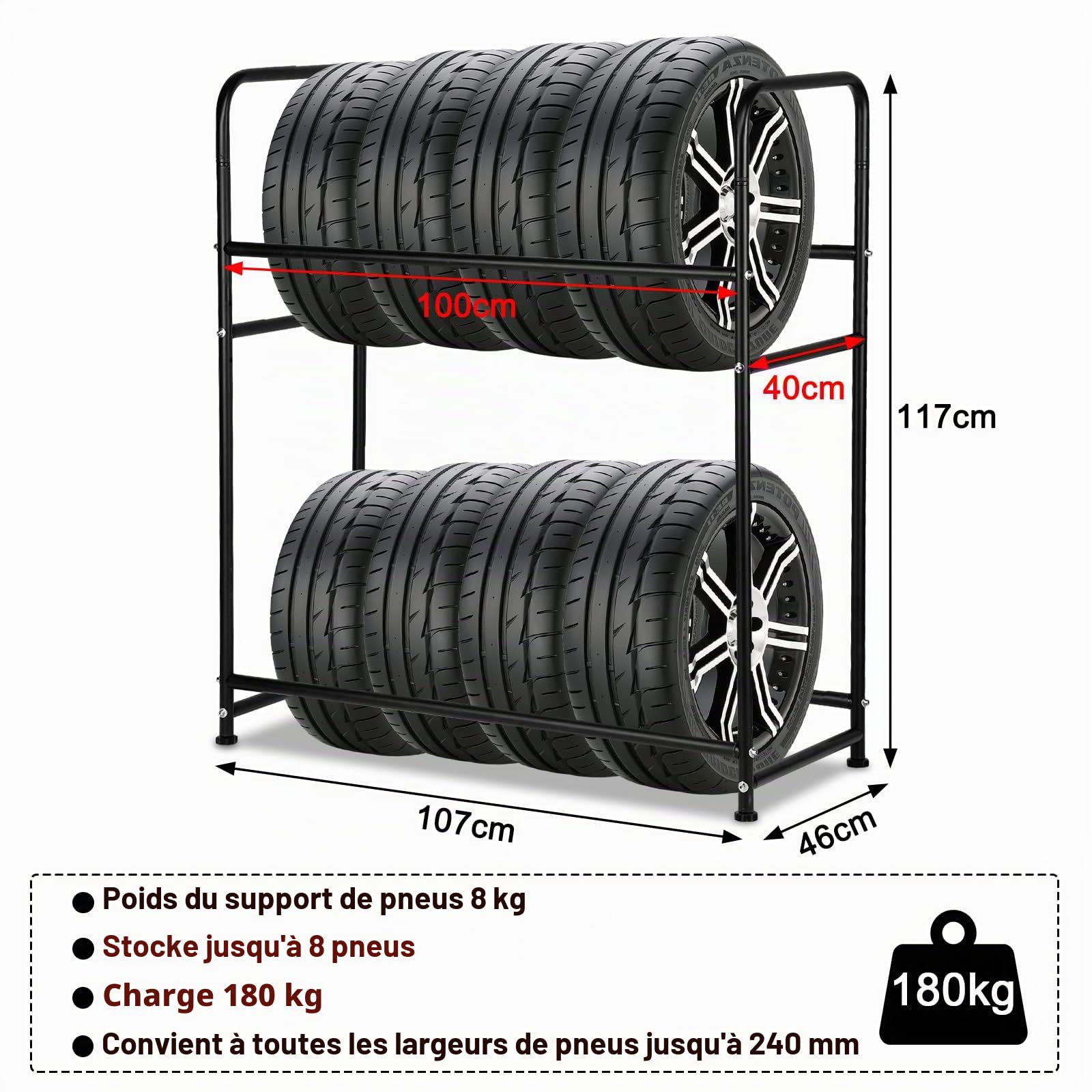 1 étagère à pneus pour 8 pneus, 107 x 46 x 117 cm, 2 niveaux de réglage de la hauteur, étagères de rangement, capacité de charge 180 kg avec housse de protection pour pneus, pour garage, cave,