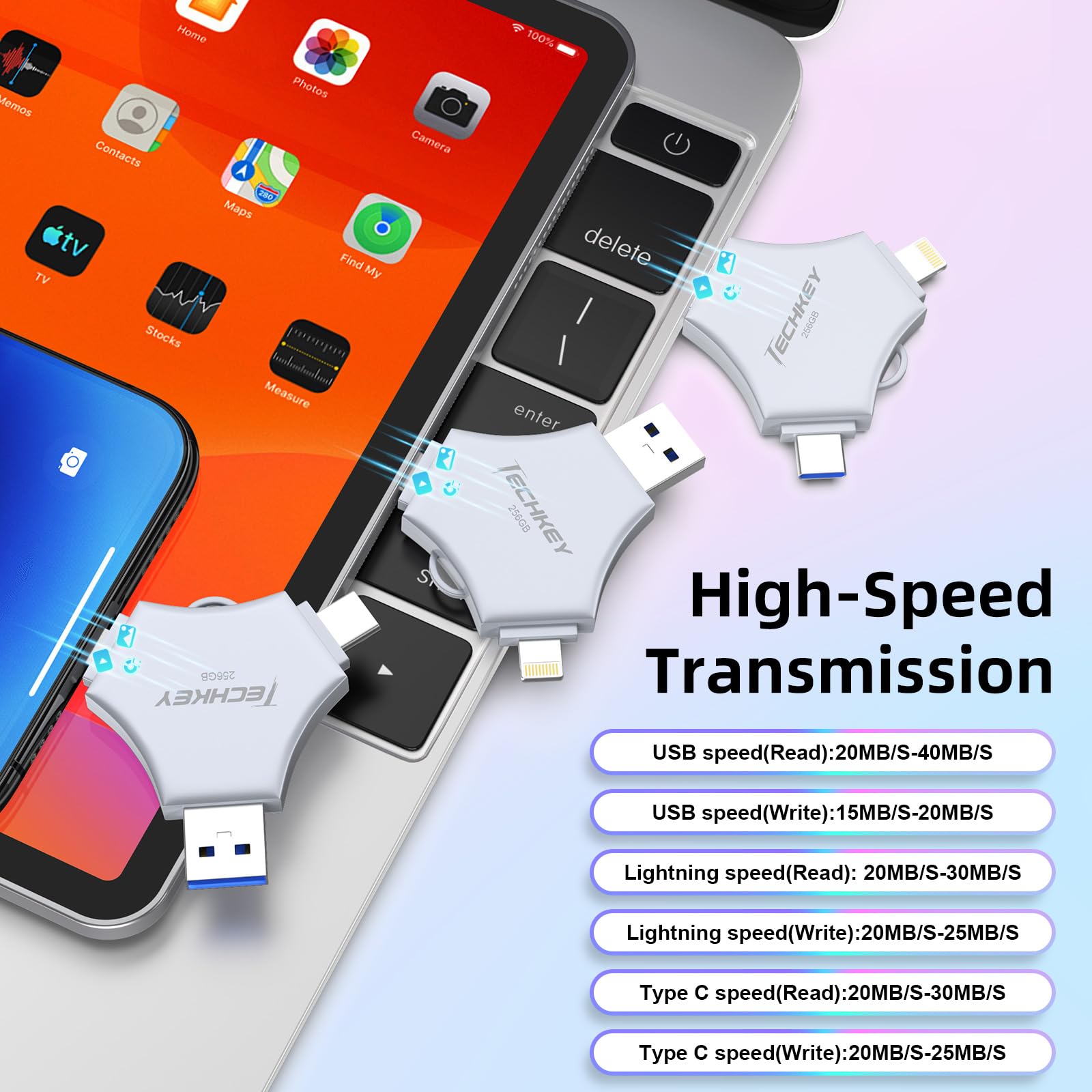Chiavetta USB 3.0 certificata MFi da 256 GB per iPhone, memoria esterna 3 in 1, per foto, video, salvataggio dati, backup, ad alta velocità, per iPhone/iPad/Android/PC