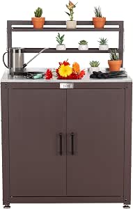 Feasto Garden Potting Bench with Storage Cabinet,Outdoor Gardening Table & Work Bench for Plants, Horticulture,Outdoor Workstation with Stainless Steel Tabletop,Outdoor Work Table with Elevated Rack