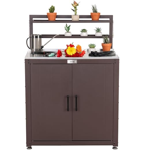 Feasto Outdoor Potting Bench Table with Storage Cabinet, Brown | Stainless Steel Garden Workstation, Raised-Edge Top, Adjustable Shelf & Removable Hutch, Patio, Balcony & Outdoor Workspace