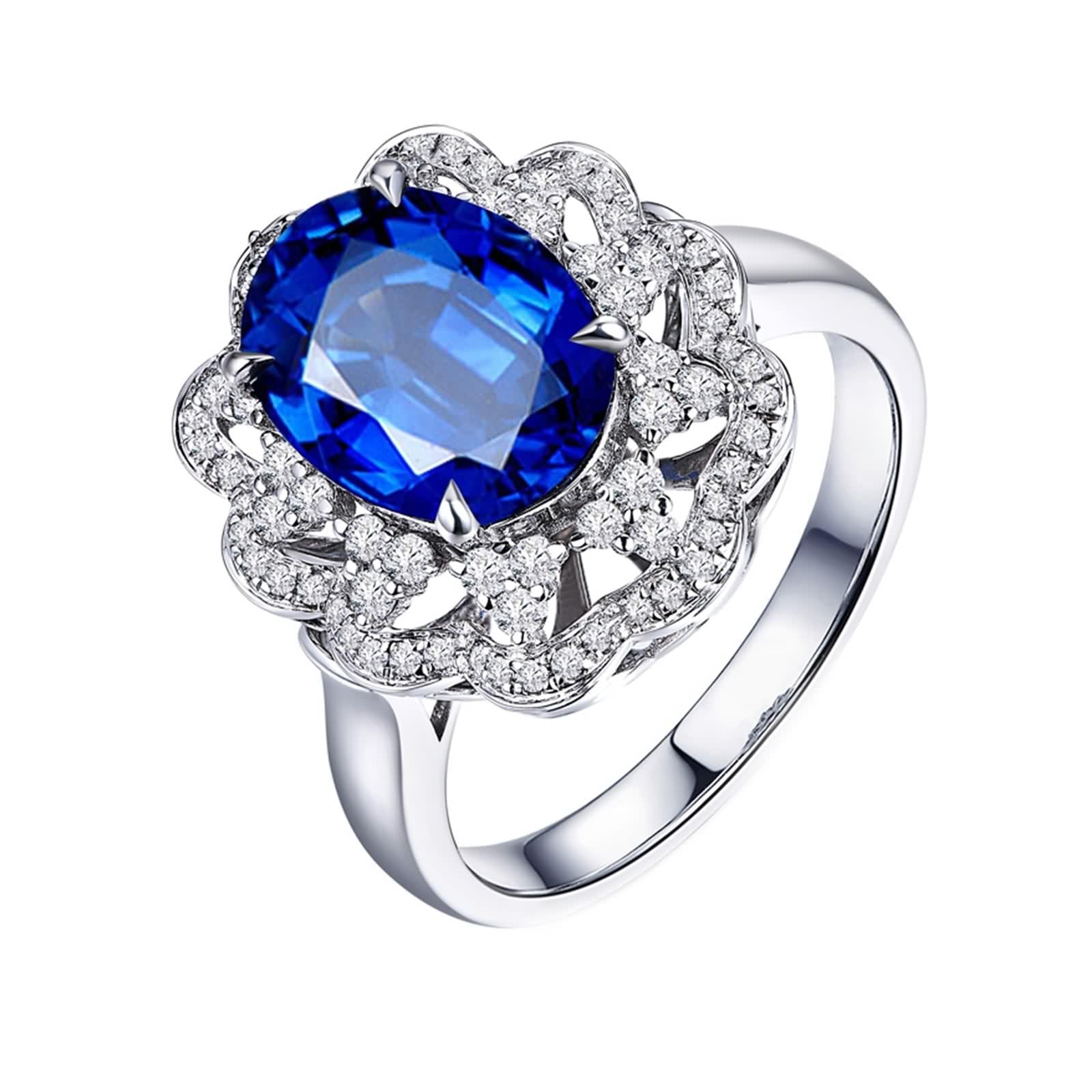 Anillo Oro Blanco, Alianzas Boda Vintage Flor de Lujo 18K Zafiro para Esposa Novia con Joyero