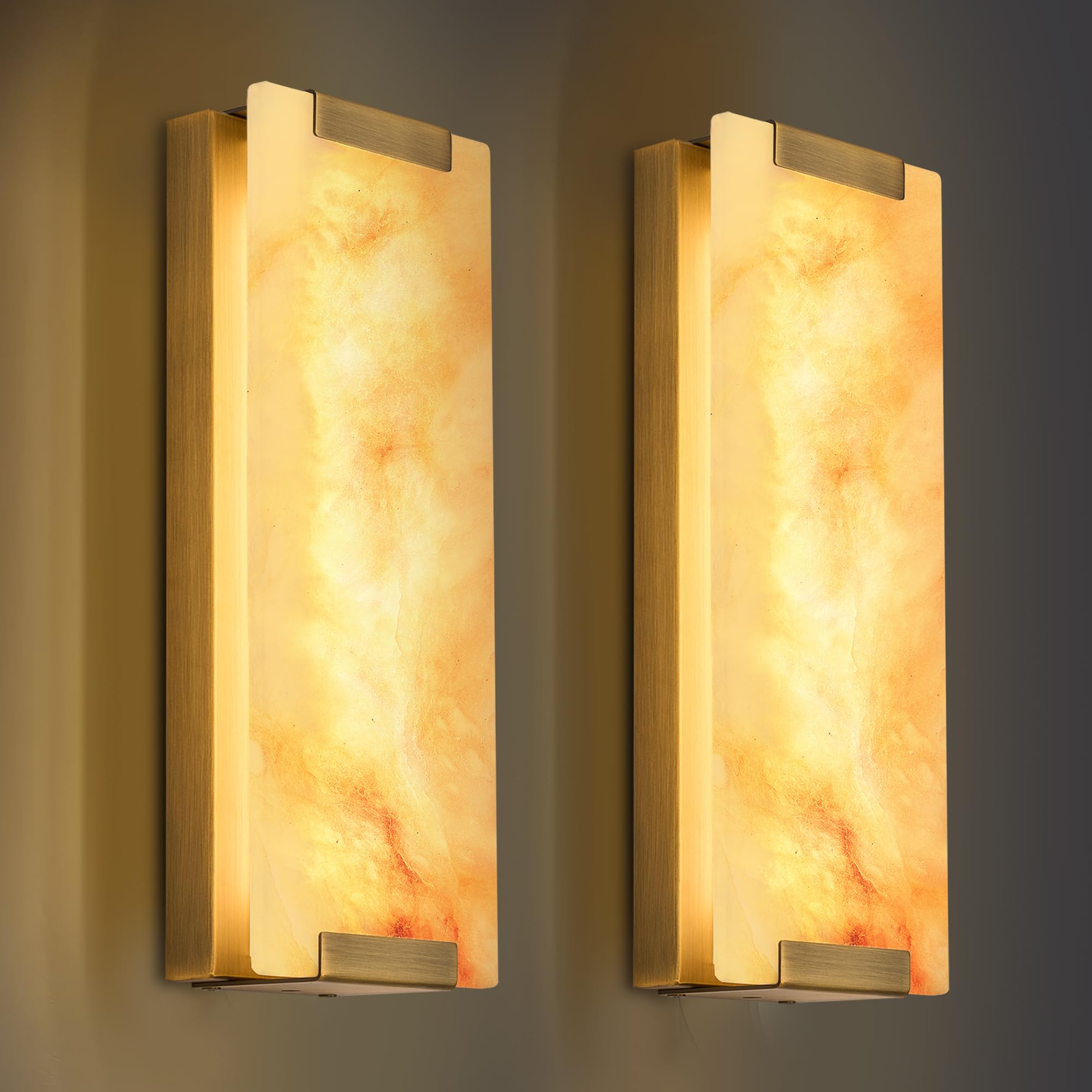 Photo 1 of 14.2 in Brass Alabaster Wall Sconces, Natural Marble Wall Sconces Set of Two, Indoor Alabaster Sconces for Living Room, LED Modern Alabaster Sconces Wall Lighting for Dining Room,Bedroom ,Stairs