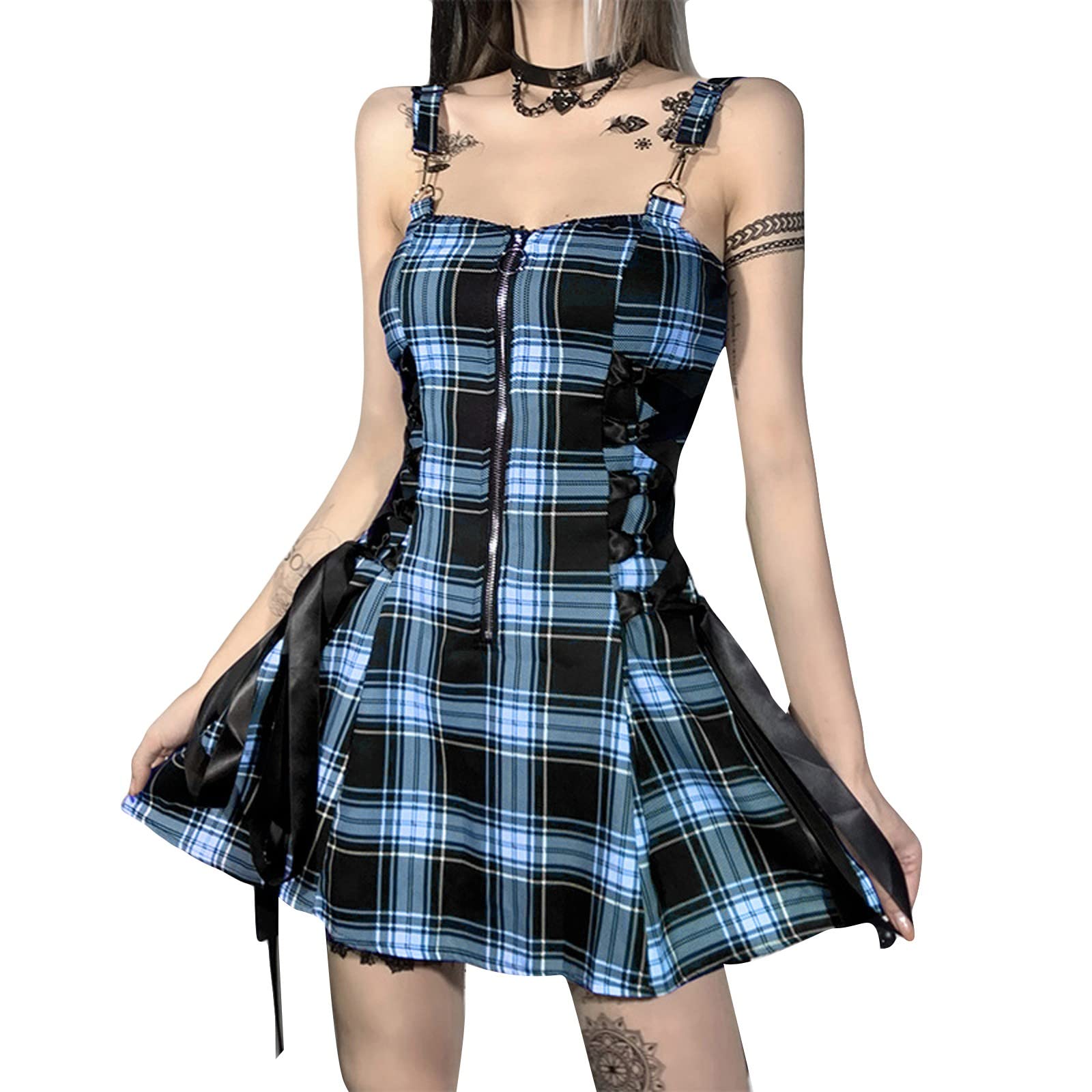 FUPODD Minikleid Damen Sommer Gothic Kleider Mittelalter Kleid Mit Schnürung Sexy Trägerkleid Kurz Kariert Partykleid Rückenfrei Retro Sommerkleid Frauen Reißverschluss Vorne Halloween Karneval