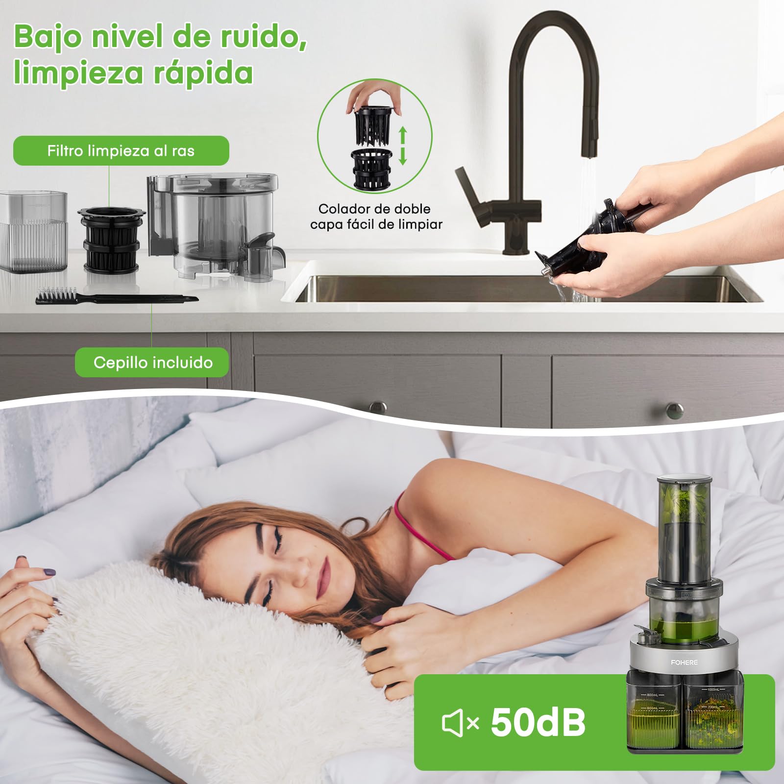 Licuadora Prensado en Frio, FOHERE Licuadora Frutas Verduras Conducto de 119MM, Extractor de zumos con motor silencioso y función inversa, fácil de limpiar con un cepillo extra, con recetas