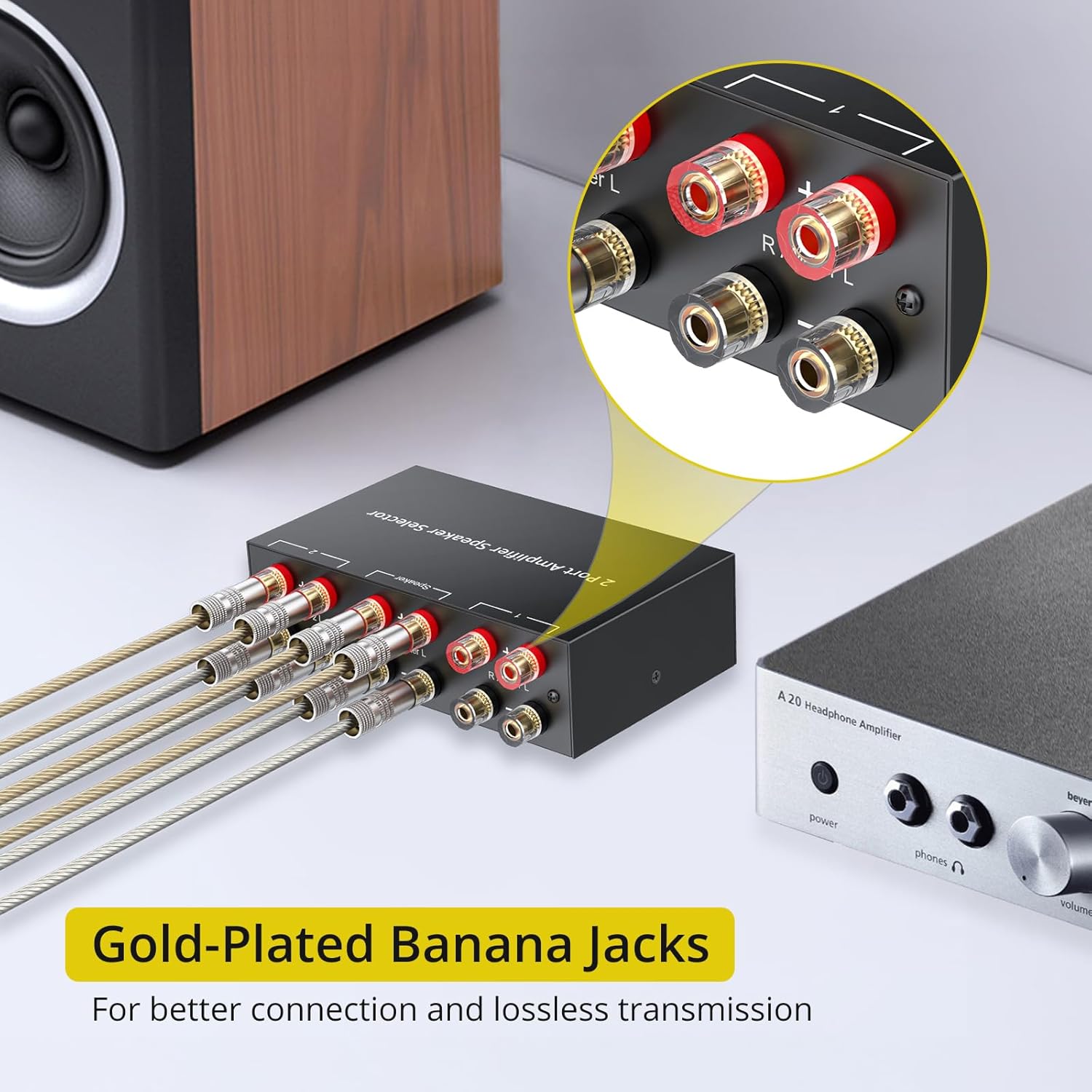 PROZOR speaker selector switch connected to an amplifier and two bookshelf speakers, demonstrating a typical setup.