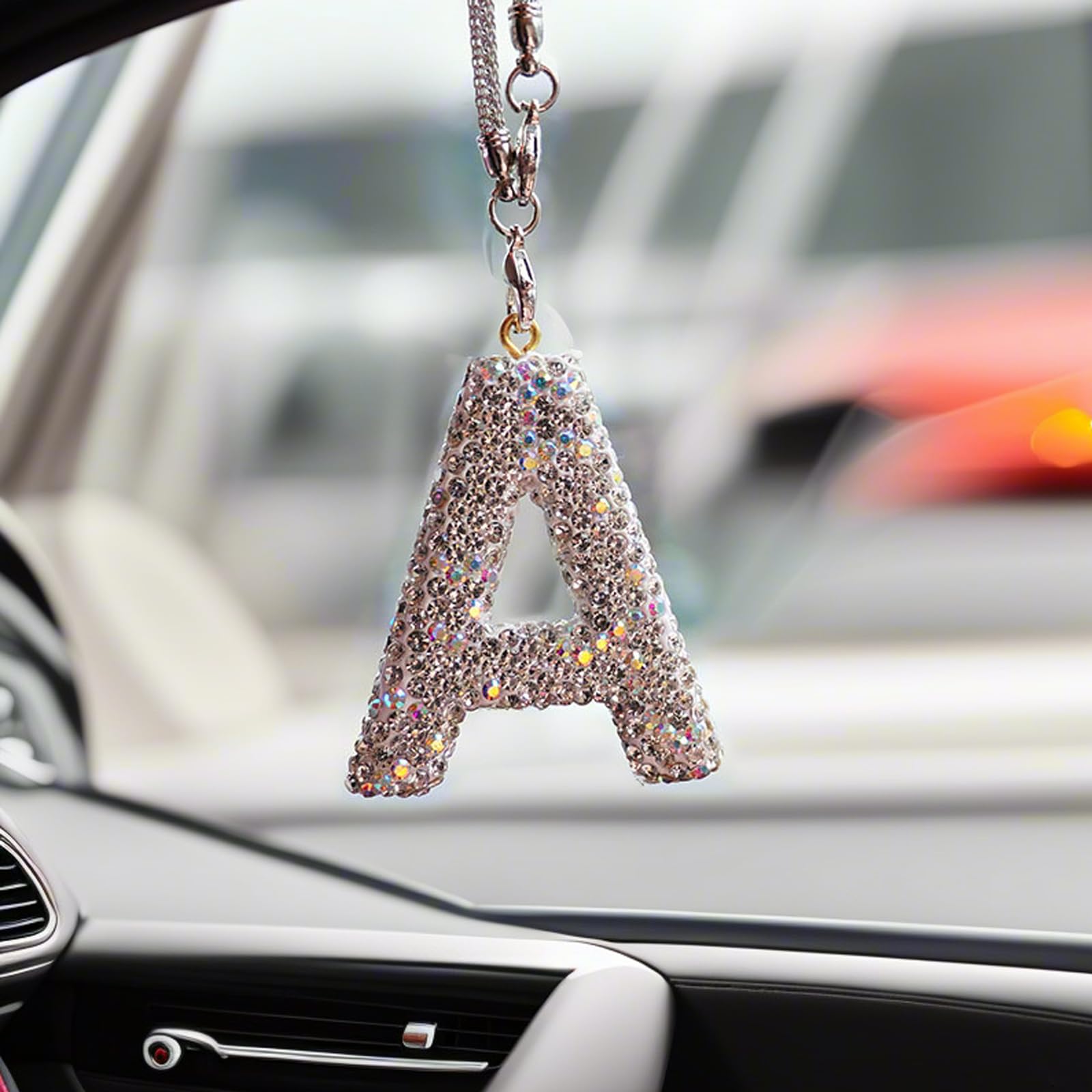 Bling Car Letter Charm, Car Rear View Mirror Ornament, Diamond Car Accessories, Rhinestone Auto Mirror Hanging Decor for Women, Rearview Mirror Accessories (White A)