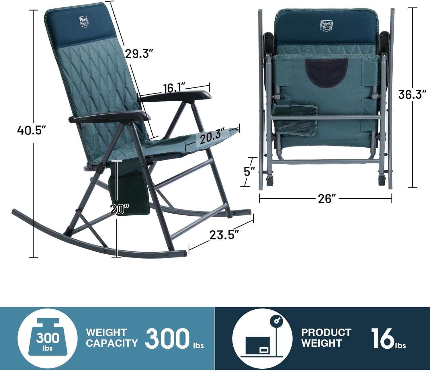 Timber Ridge 3-Level Adjustable Rocking Camping Chair, Ergonomic Padded High Back, Supports 300 LBS, Stable Anti-Tip Rocker, Hard Armrests for Easy Standing, Portable for Patio, Lawn & Tailgating