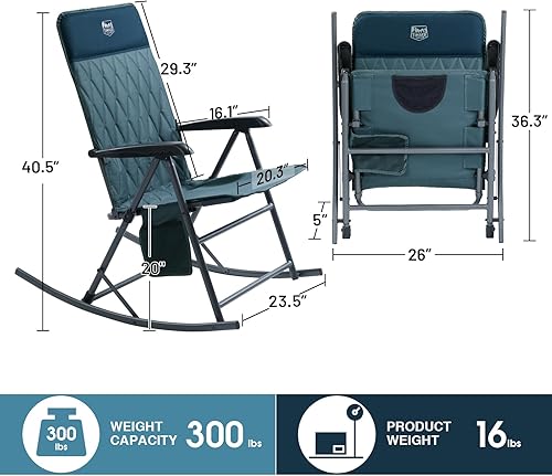 Miniatura 3 de Timber Ridge 3-Level Adjustable Rocking Camping Chair, Padded High Back Outdoor Rocking Chair with Side Pocket, Portable Folding Rocker for Adults,