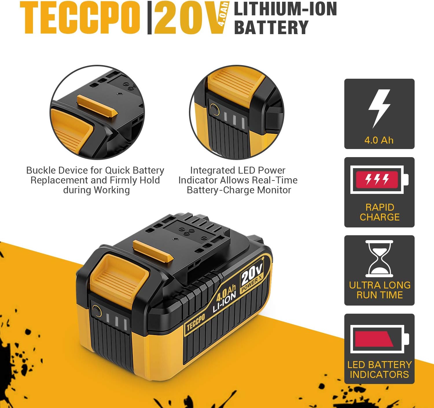 TECCPO 20V MAX 4.0 Ah Lithium Ion Large Capacity Battery-Pack, Rechargeable Replacement Battery, for All 20V TECCPO/POPOMAN Cordless Power Tools