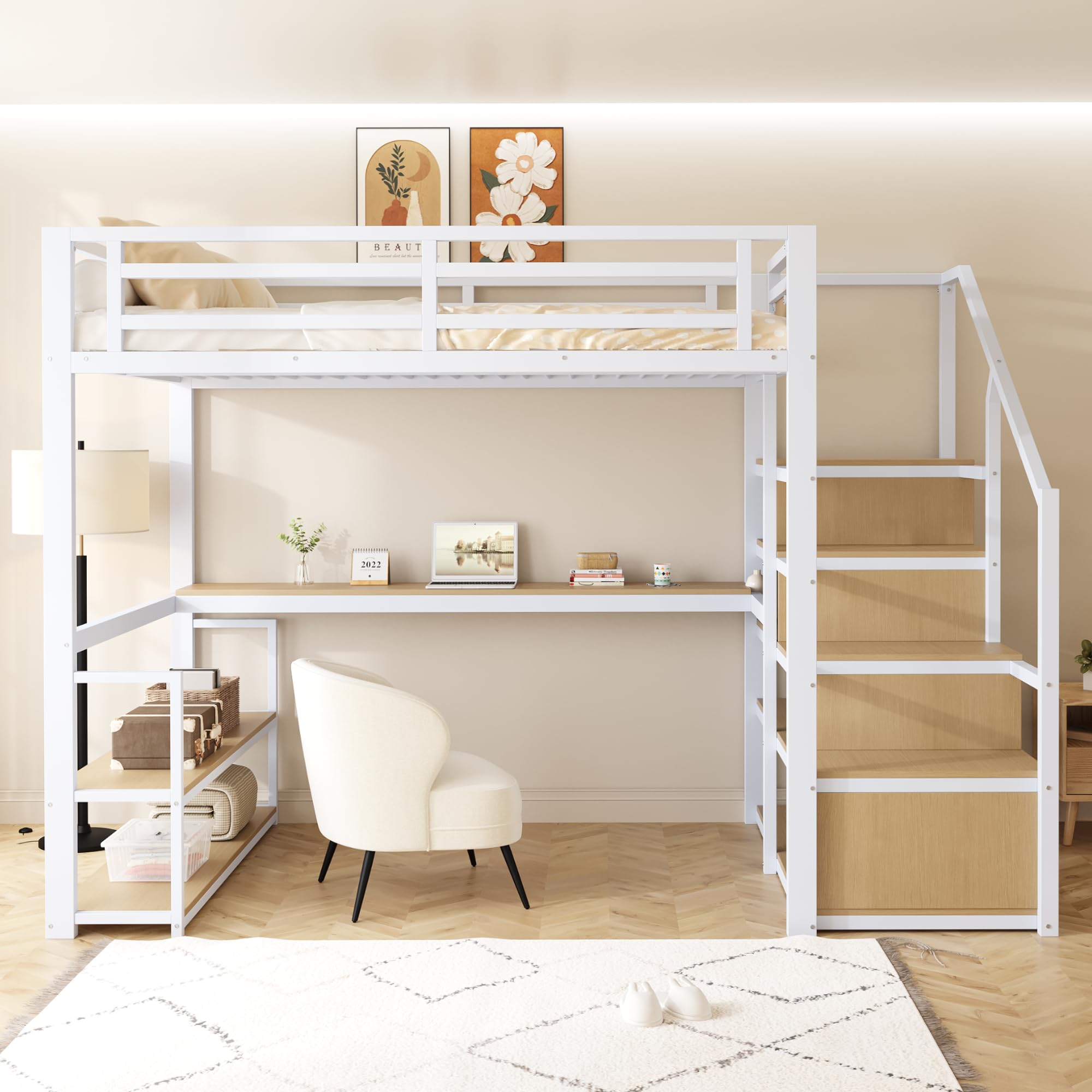 Letto a soppalco 140x200 cm in metallo con scaletta portaoggetti con ripiani e tavolo letti singolo per adulti con struttura in ferro per gli ospiti bianco