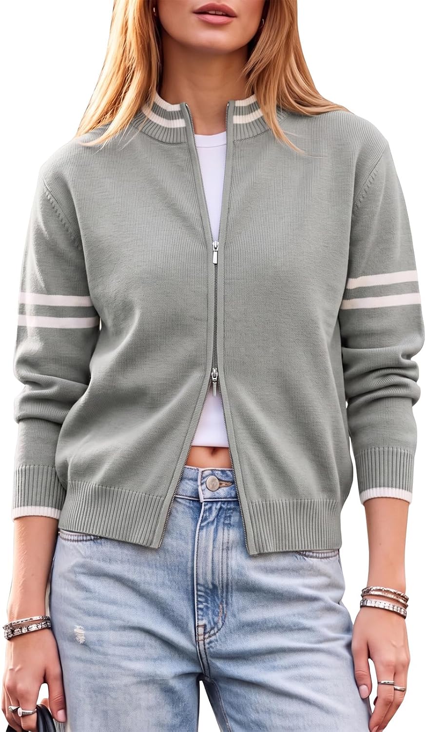 EXLURA Women Long Sleeve Zip Up Cardigan Sweaters Fall Casual Bomber Jacket