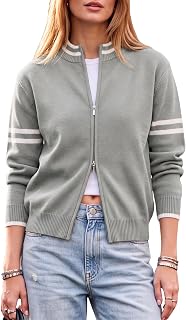 EXLURA Women Long Sleeve Zip Up Cardigan Sweaters Fall Casual Bomber Jacket | Soft, Double Zipper, Color‑block, Lightweight Cropped Sweatshirt, Trendy Winter Travel Outfits 2026, Y2k Varsity Retro Style
