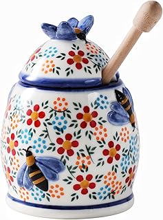 ZOOBEE Tarro de miel de 10oz con cuchara y tapa estilo granja, pote de miel con cuchara, pote de miel pintado a mano con abejas, fácilmente lavable Deleite primaveral