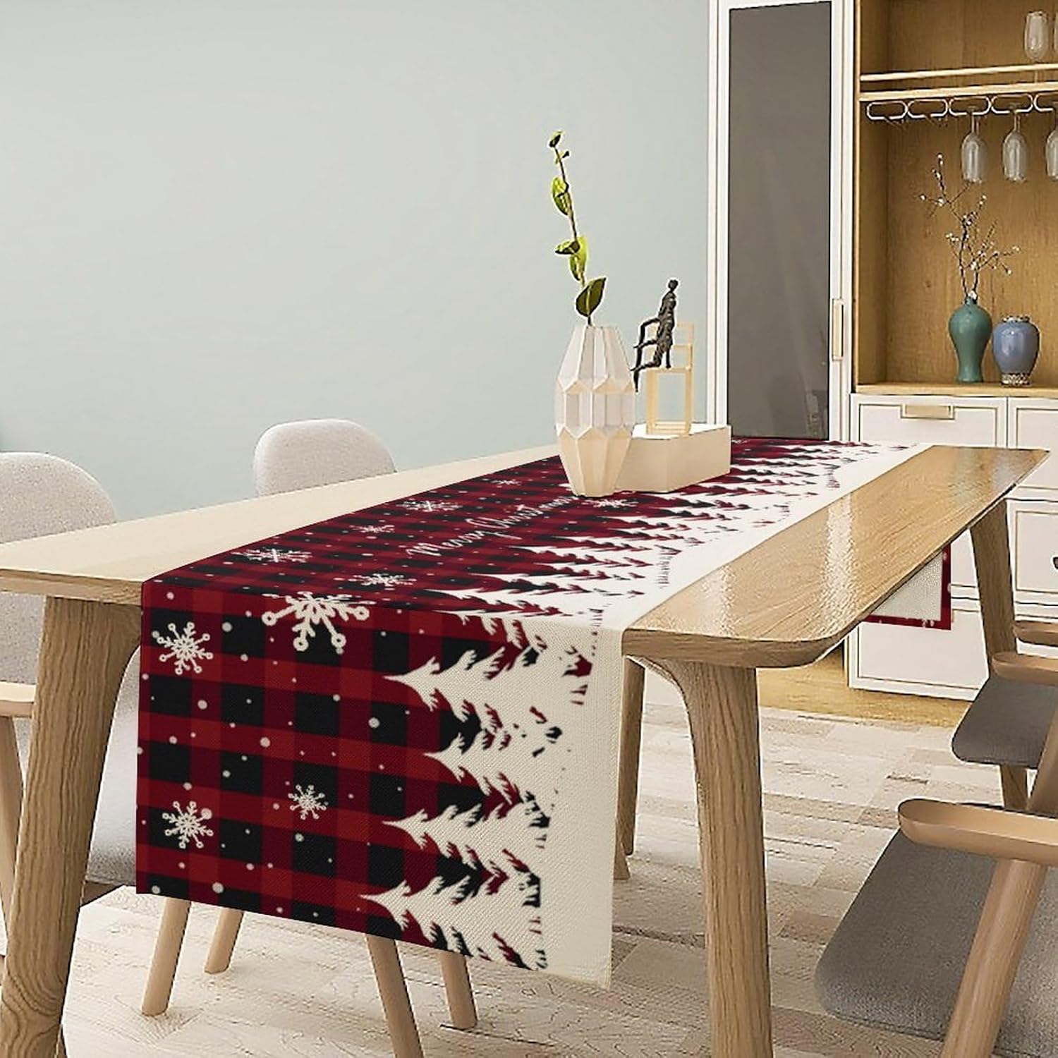 Christmas Deer Pine Tree Table Runner Red White Buffalo Plaid Seasonal Winter Party for Dresser Coffee Table Mantel Dining Indoor Outdoor Kitchen Wedding Holiday Camping Decoration 13×120in