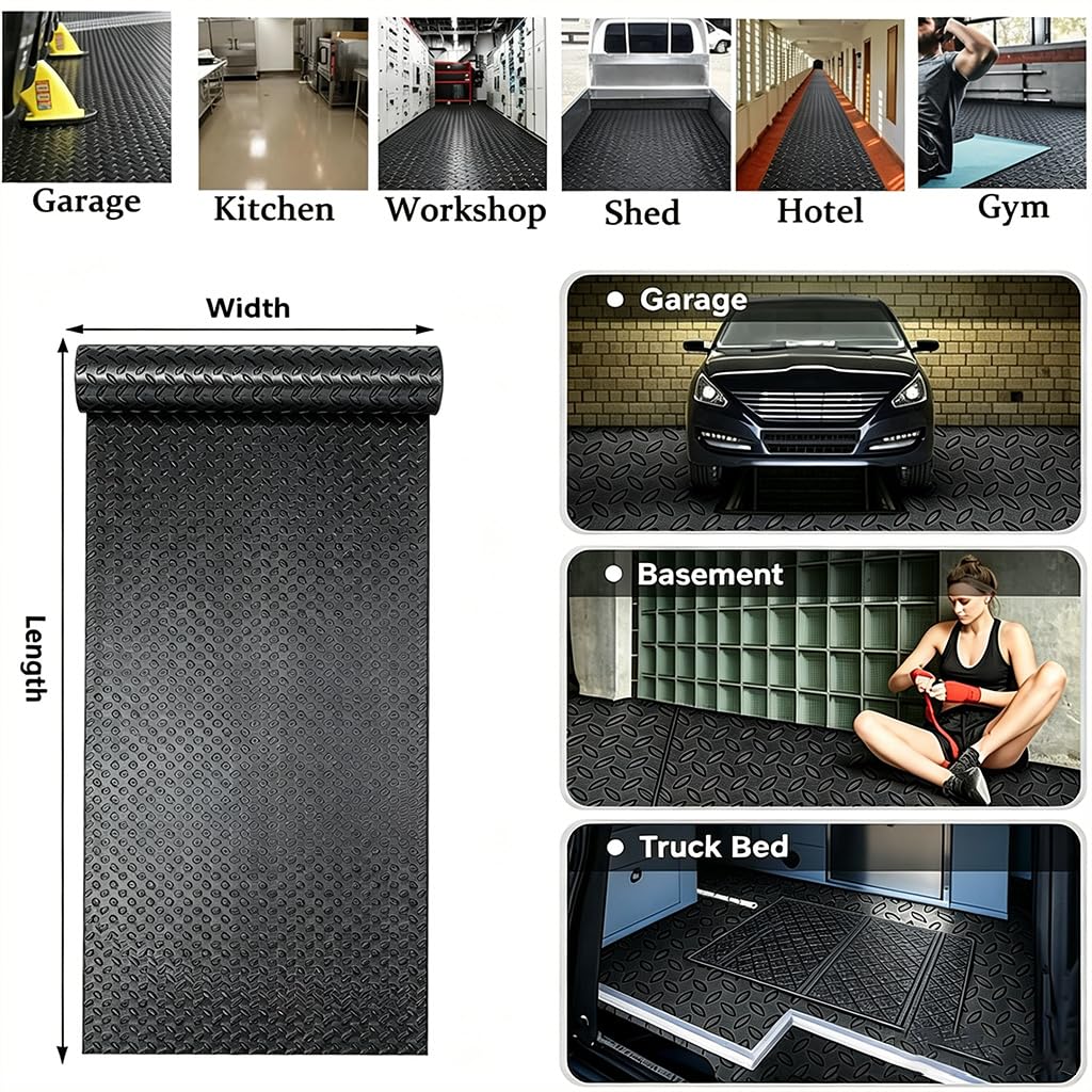 Robuste Gummimatte, 3 mm, rutschfest, PVC-Garagenbodenmatte mit Diamantplatte, wasserdichter und ölbeständiger Bodenbelag für Fitnessstudio, Van, Werkstatt, unter Auto, Boot, leicht zu schneiden und