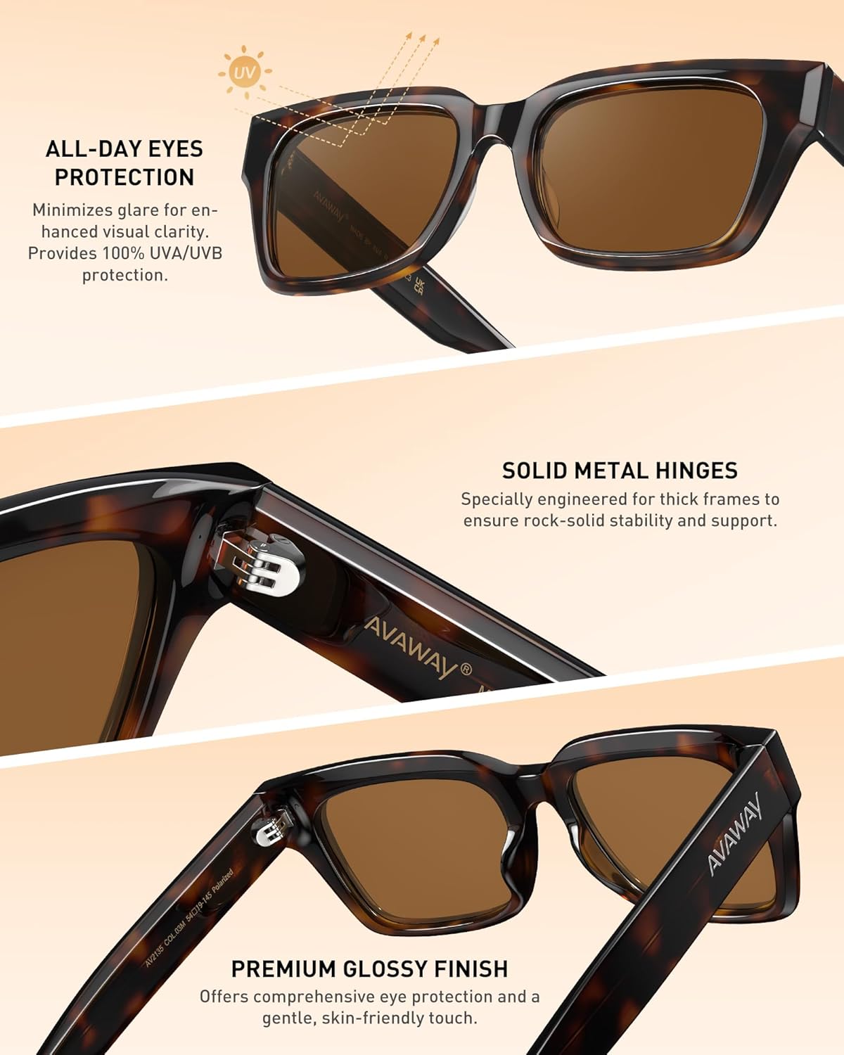 AVAWAY Chunky Rectangle Sunglasses for Men Women, Polarized Trendy Large Acetate Frame UV400 Protection Driving Sun Glasses - Image 5