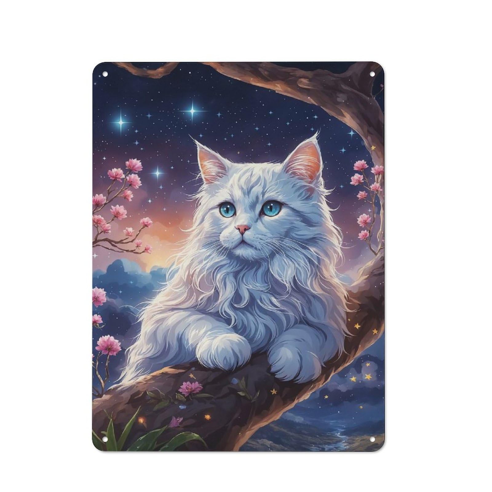 Junmoney White Cat In Cherry Blossom Tree Retro Metal Sign With Design 40X30cm, Nostalgic Vintage Wall Decor For Kitchen, Hallway, Bar Or Small Cafe