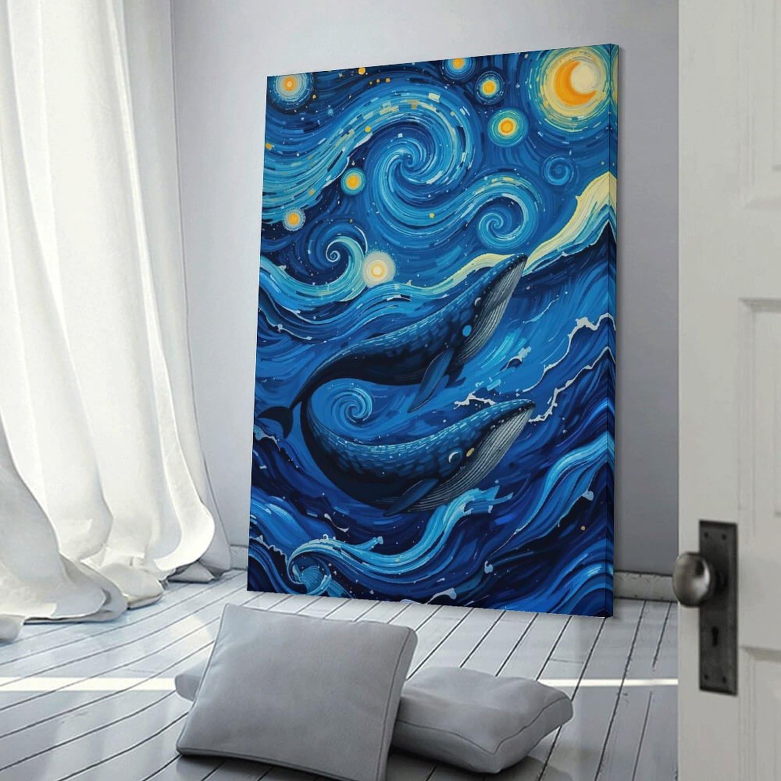 Junmoney Whales Starry Night Ocean Decorative Wall Artwork, 24x36inch(60x90cm), for Home Lounge, Bedroom Or Reading Nook, Easy Decor for Gallery Walls