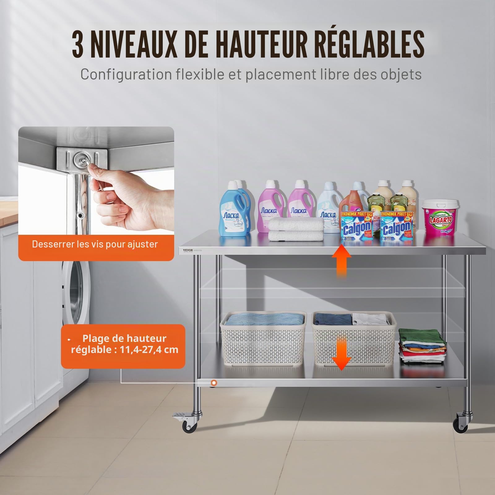 VEVOR Table de Travail en Acier Inoxydable 76,2x152,4x95,5 cm, Table de Préparation des Aliments avec roulettes, 3 Niveaux de Hauteur Réglables, Meuble de Rangement, pour Restaurant Maison Bar